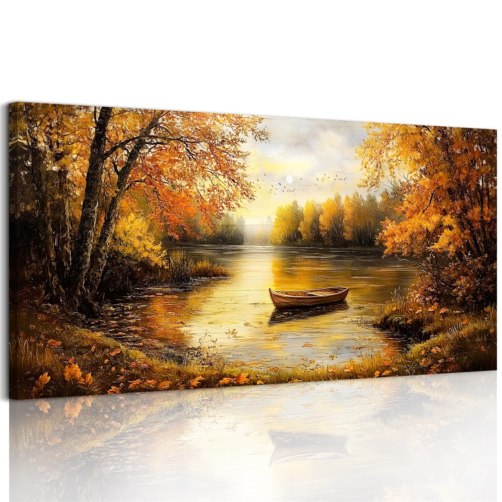 SERIMINO Fall Landscape Large Canvas Wall Art Living Room, Lake Boat Forest Art Prints, Autumn Scenery Nature Decor Pictures, Rustic Gold Paintings Wall Decor Bedroom, Office Decoration 24"X48"