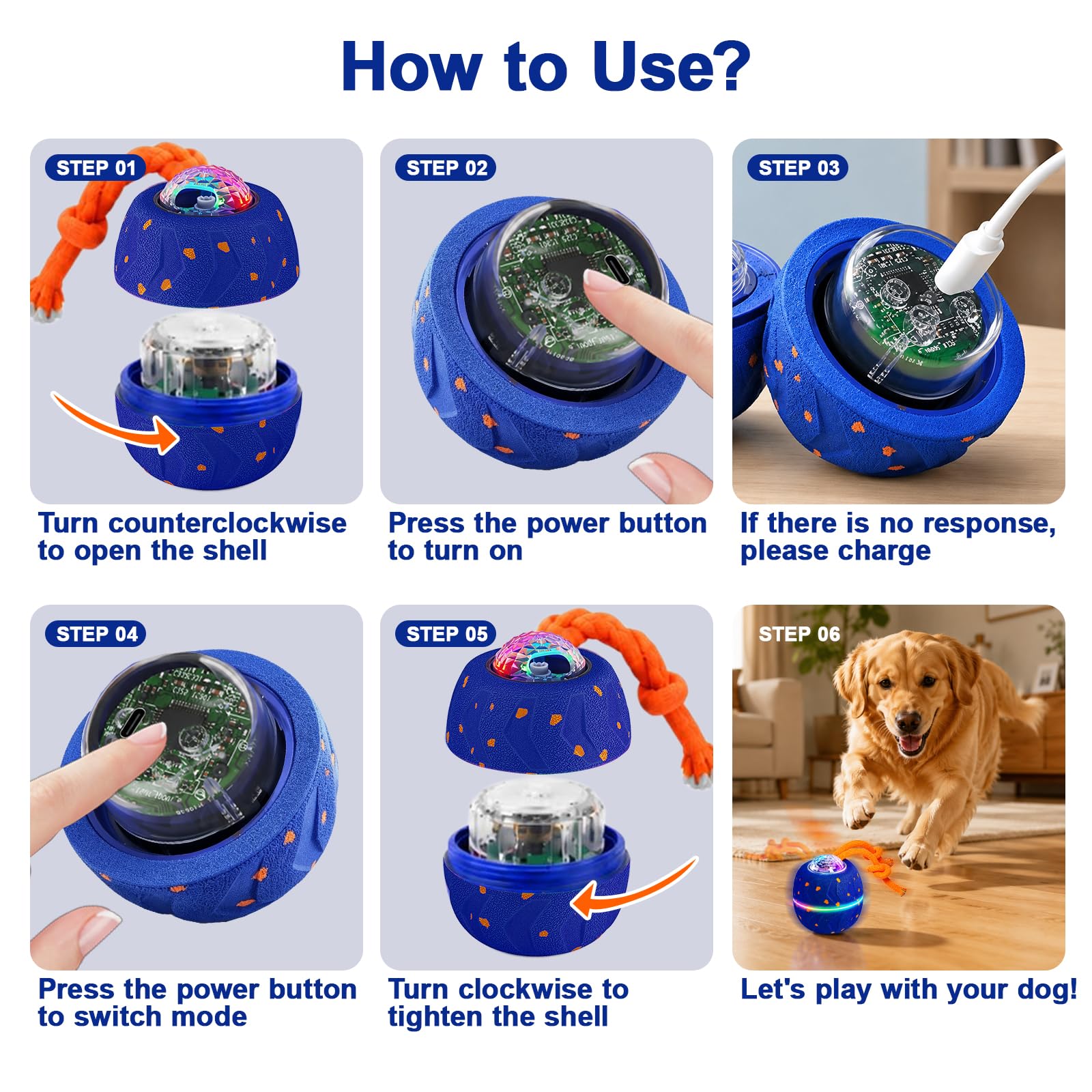Palla giocattolo interattiva per cani, palla elettrica per cani con corda e urlo per cani, ricaricabile con USB-C e luce LED, giocattolo intelligente per cani con 3 modalità di gioco, adatto per cani