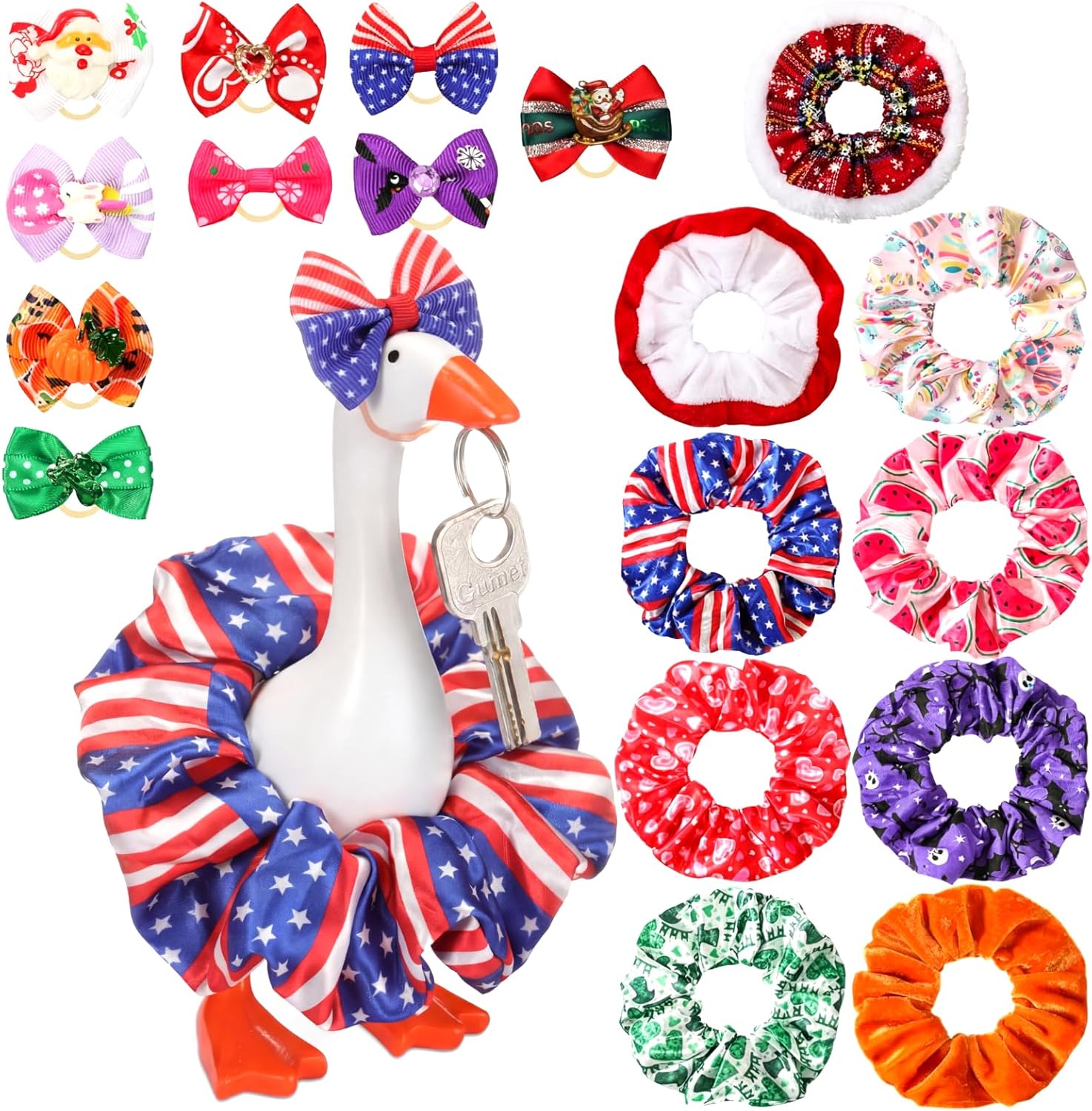 9 Sets 7inch Desk Goose Outfits Independence Day Mini Goose Hairband and Bow Ties All Season Desk Geese Outfits Magnetic Statue Keychain Geese Hats Headwear Dress Easter Table Decor