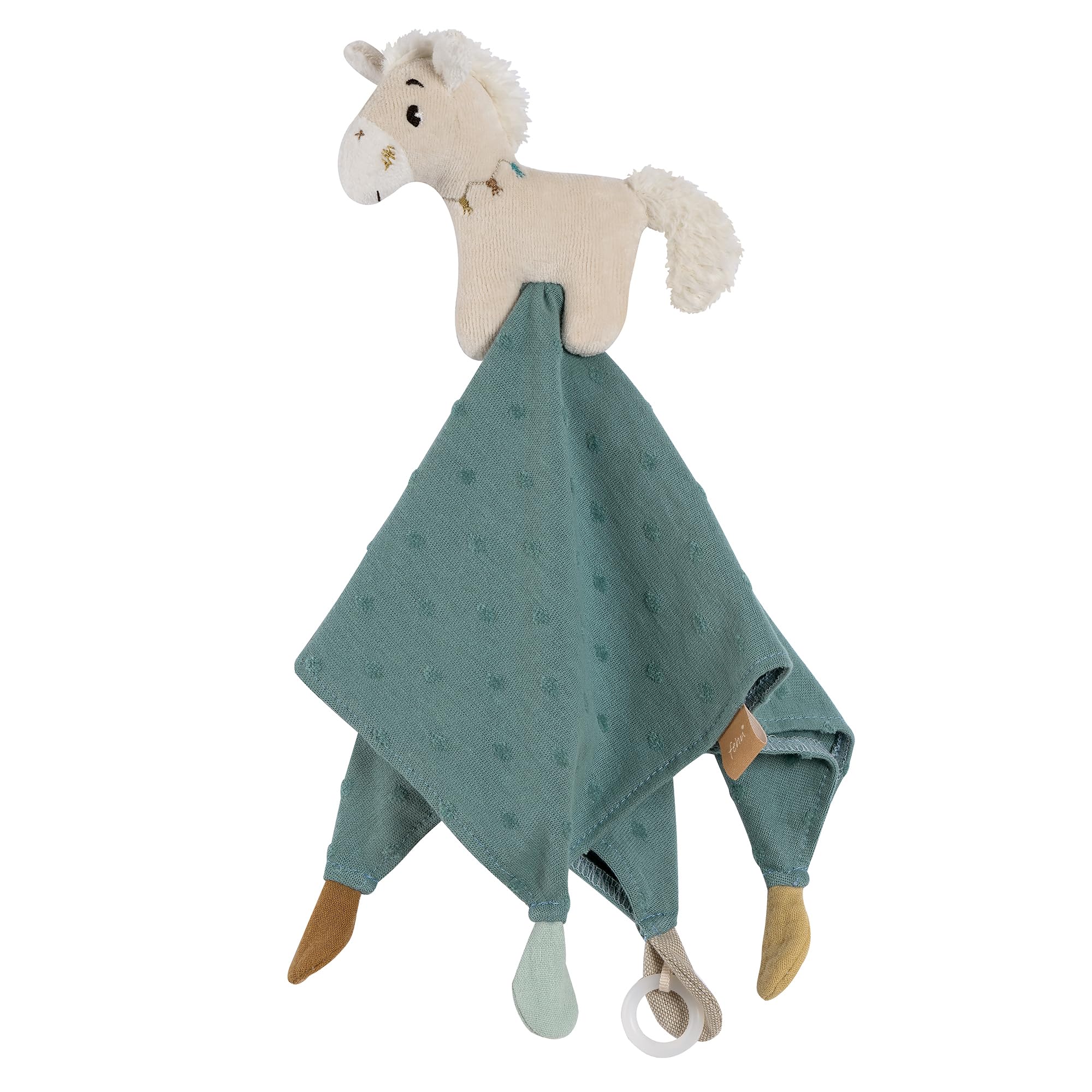 Fehn Baby Towel with Horse, Baby Cloth, Sleeping Aid and Plush with Pacifier Attachment, Cotton, from 0 Months