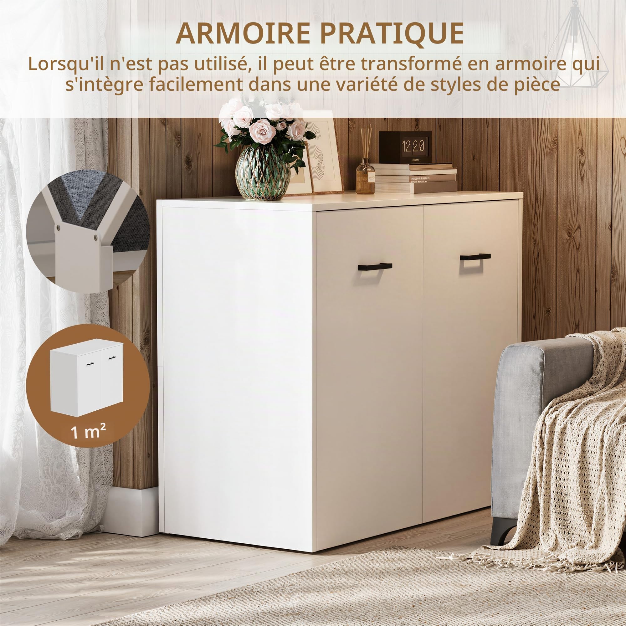 MSFE Lit Armoire 1 Personne,Armoire Verticale Matelas Inclus,Lit d’Appoint Pliant et Portable Multifonction 2 en 1,Gain de Place,Capacité de Charge Allant Jusqu'à 650 Livres,Lit d'armoire, 85x190 cm