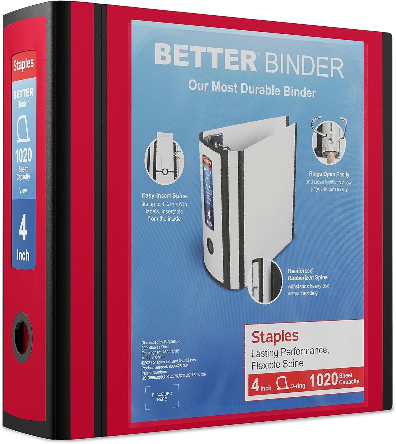 Staples Better Binder, 4" Heavy‑Duty D‑Ring 3‑Ring Binder, Red, Reinforced Spine, 800‑Sheet Capacity, Durable Filing & Organization Binder for School & Office, 2‑Pack