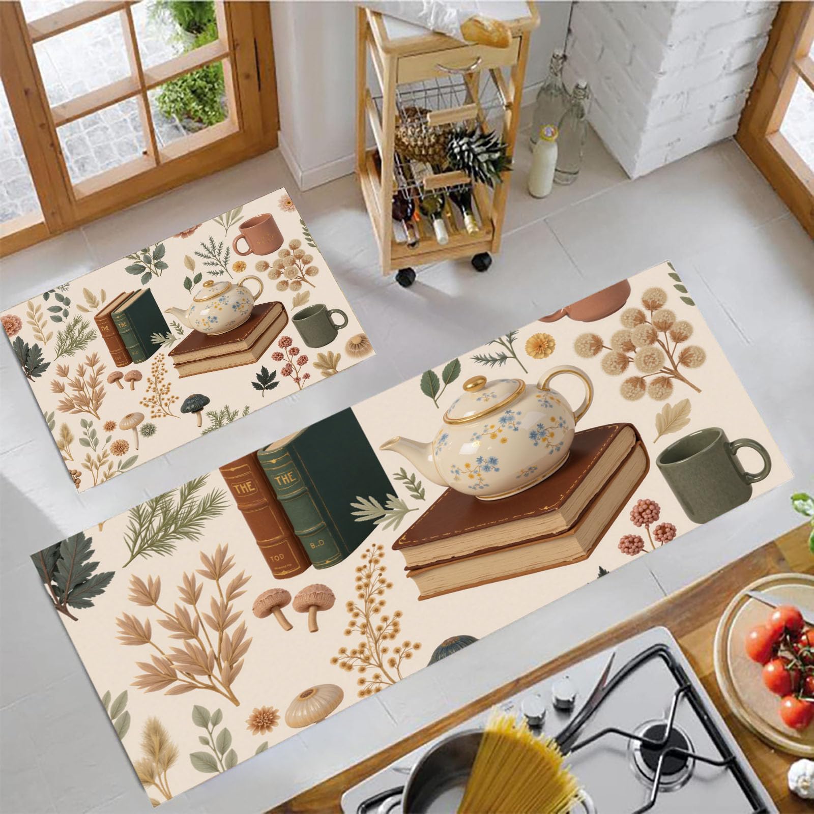 Alfombra de piso para pasillo y cocina lavable con diseño de tazas y naturaleza beige