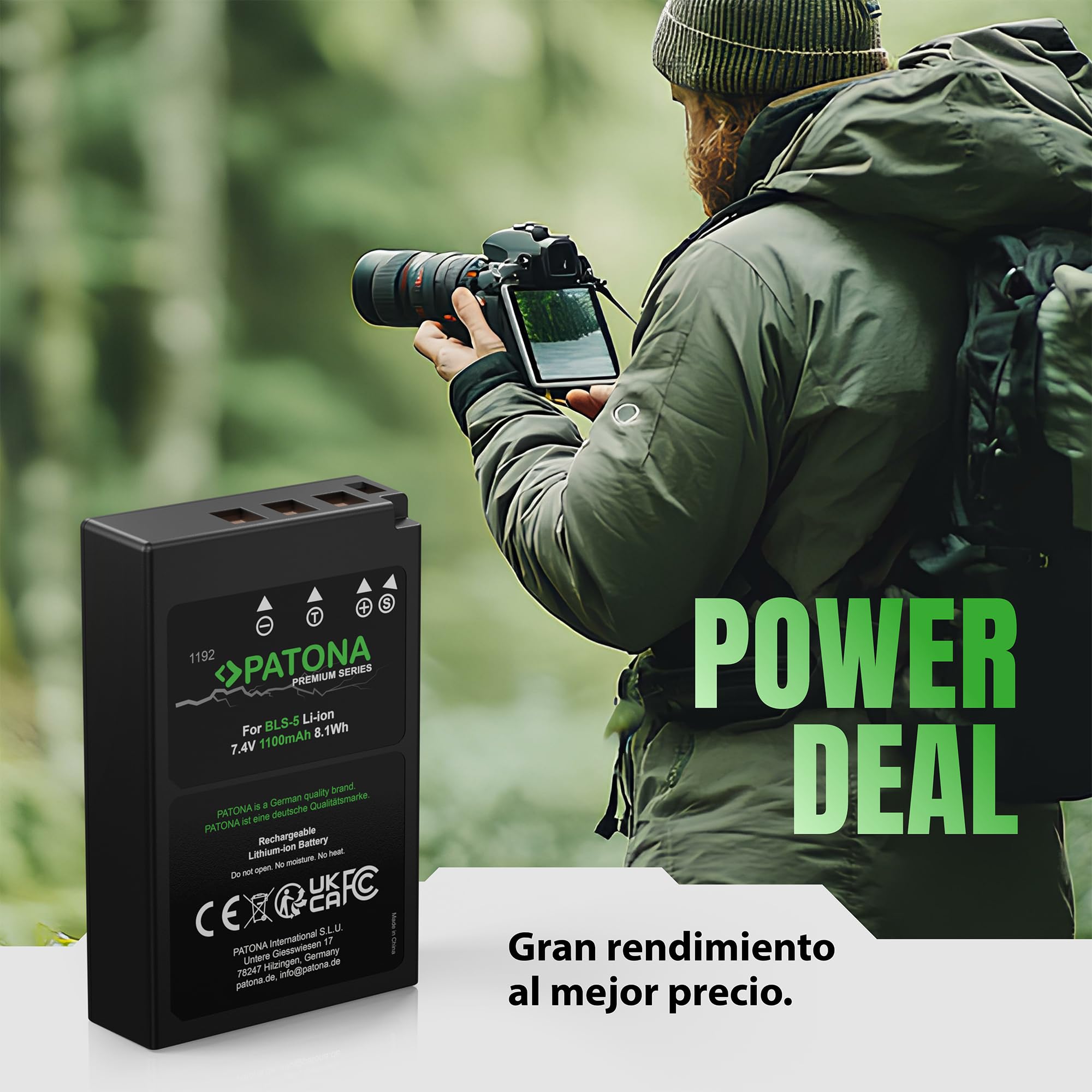 PATONA 2X Premium Batería 1100mAh – Recambio para Olympus BLS-5, BLS-50, PS-BLS5 – para OM-D E-M10 II-IV, E-M5 III, Pen E-P3, E-PL2 a E-PL9, E-PM1, E-PM2, Stylus 1 – una dispara, Otra Carga