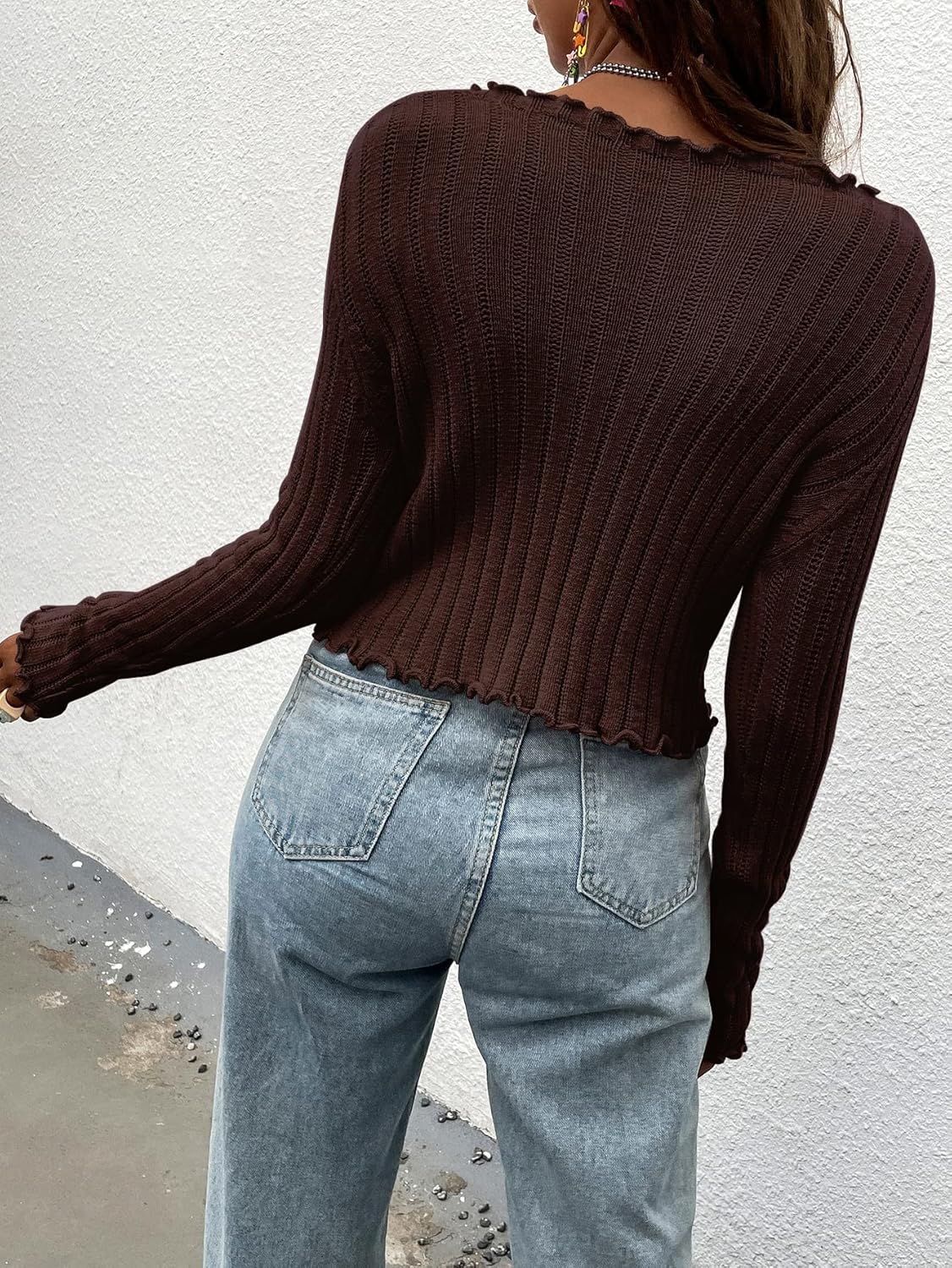 SHENHE Women's Ruffle Cardigans Sweater Y2k Tie Front Long SleeveCable Knit Crop Sweater Bolero Coffee Brown Small - Image 2