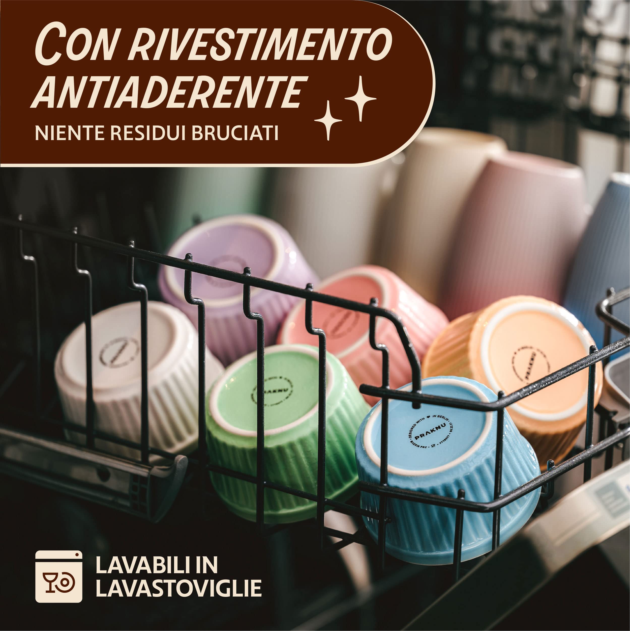 Praknu 6 Pirottini in Ceramica - Adatti per uso in Forno - 200 ml - ø 9 cm - Impilabili - Rivestimento Antiaderente - Imballaggio senza Plastica
