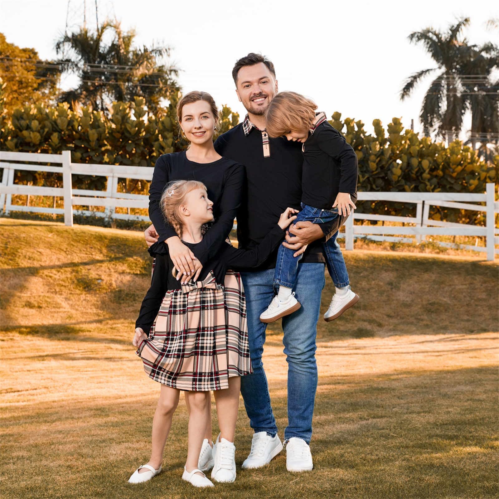 PATPAT Abito per la Famiglia in Stile Classico a Quadri, Completo Madre-Figlia/Padre-Figlio con Vestito e Camicia, Look Coordinato per Adulti e Bambini, Perfetto per Ritratti di Famiglia, Viaggi
