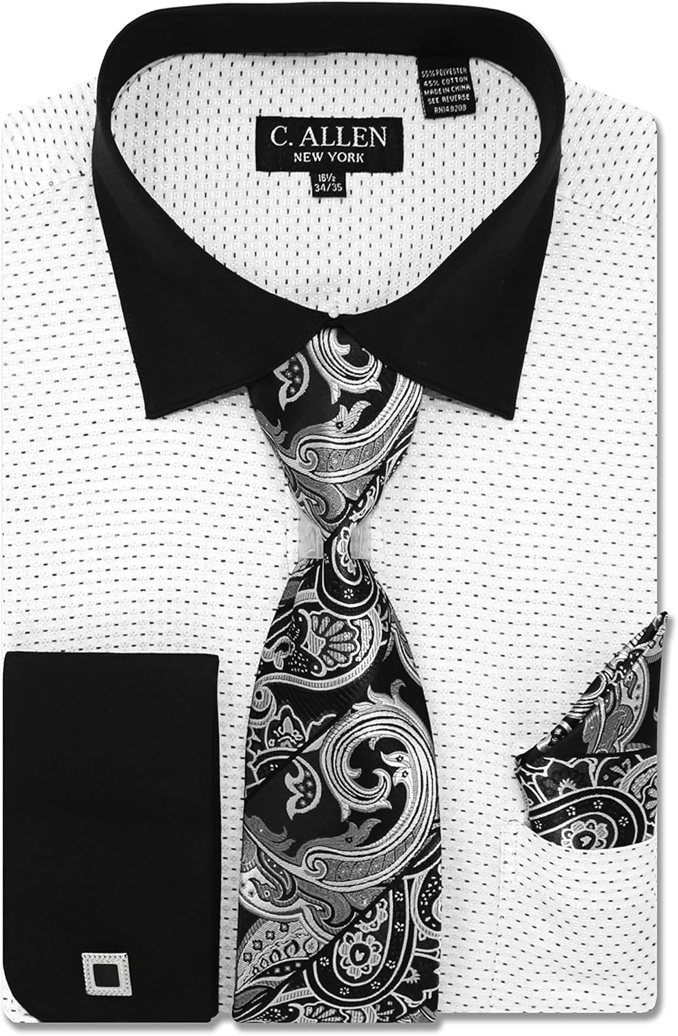 C. Allen Men's Pin Dot Pattern Regular Fit French Cuffs Dress Shirts with Tie Hanky Cufflinks Combo
