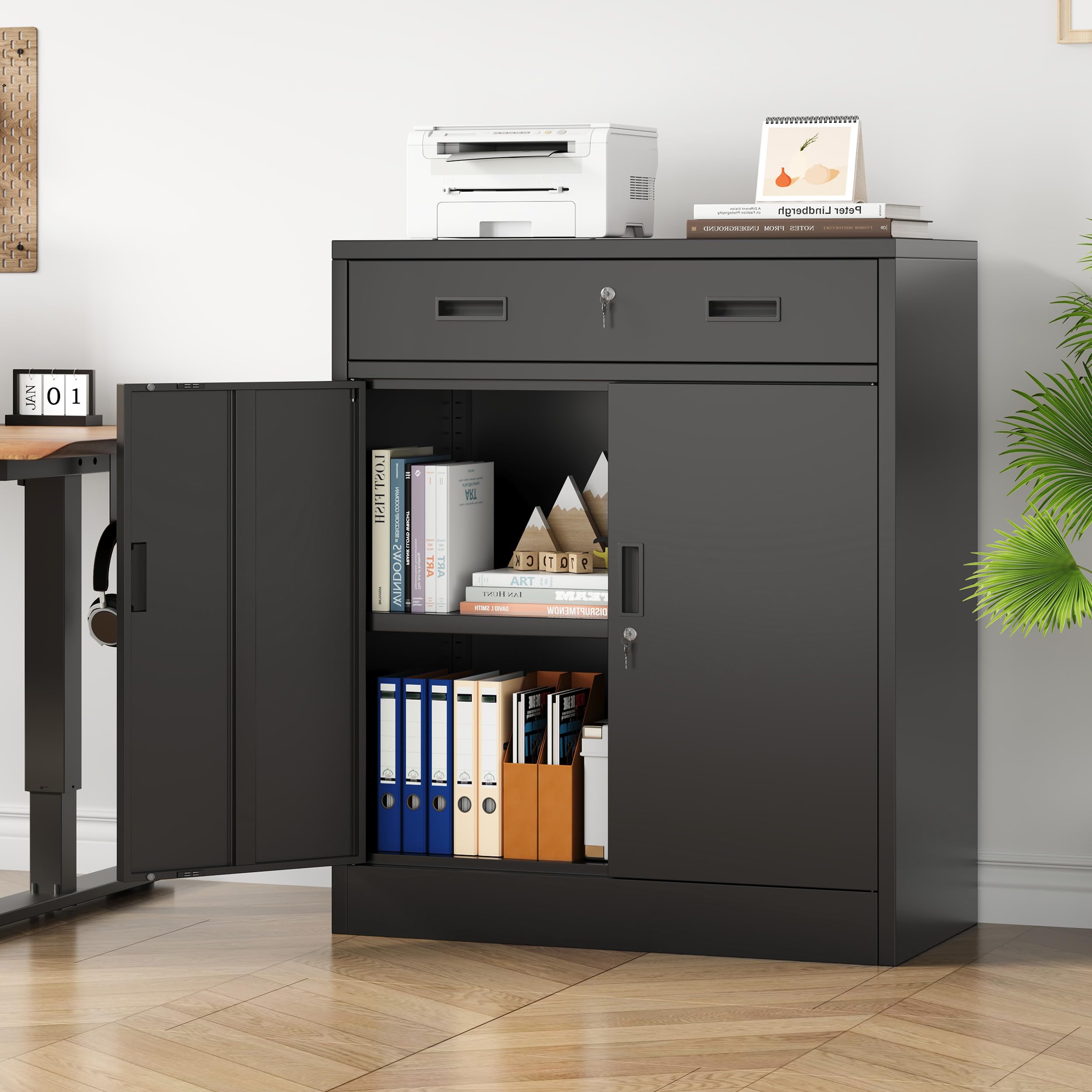 Aktenschrank, Mehrzweckschrank,Büroschrank mit abschließbarem Schubfach und 1 höhenverstellbaren Einlegeboden, Aufbewahrungsschrank aus Stahl, Werkzeugschrank für Garage, Büro(90*80*40,Schwarz)
