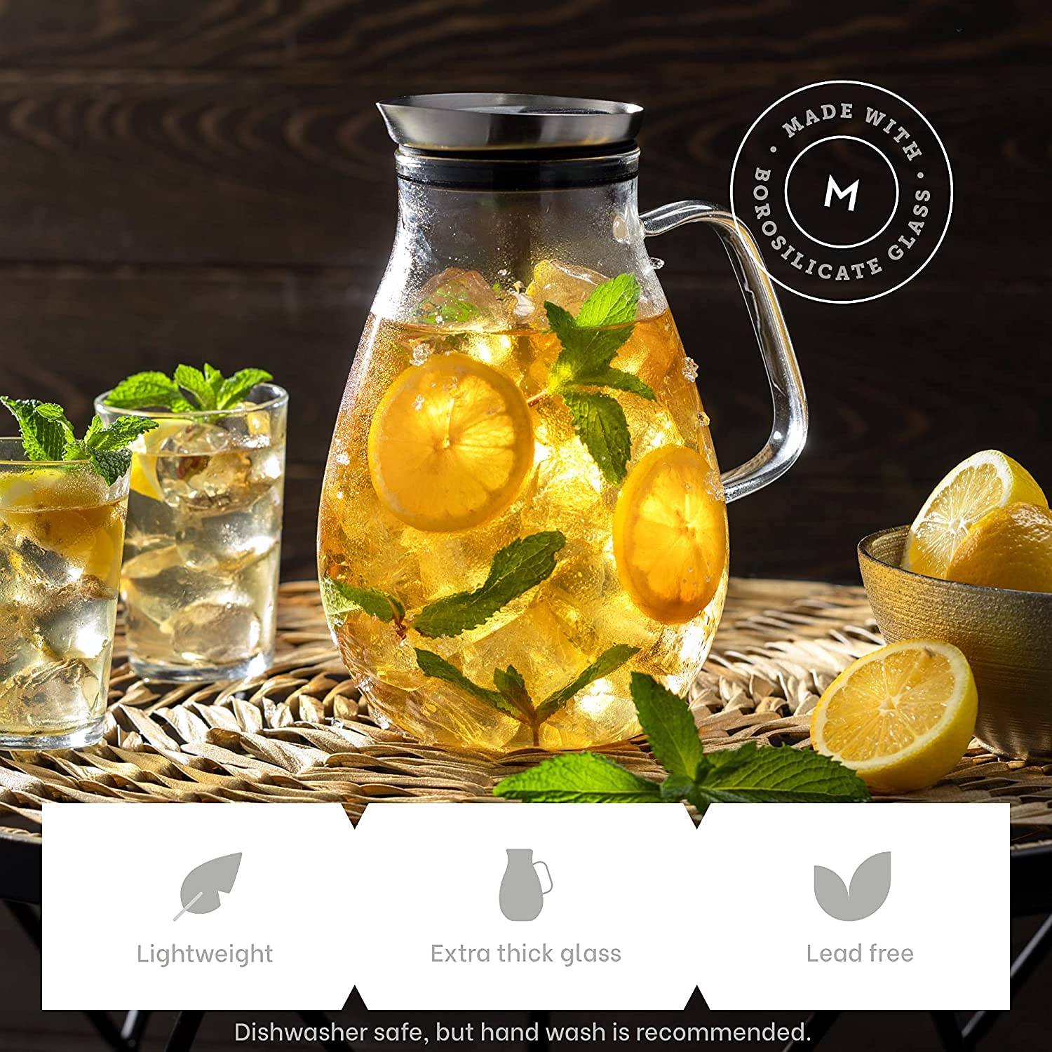 Glaskrug mit Edelstahldeckel, schöne leichte Karaffe mit breitem Griff, ideal für kalte und heiße Getränke wie Tee, Limonade, Saft, Wasser, Kaffee, Kaltgebrüh