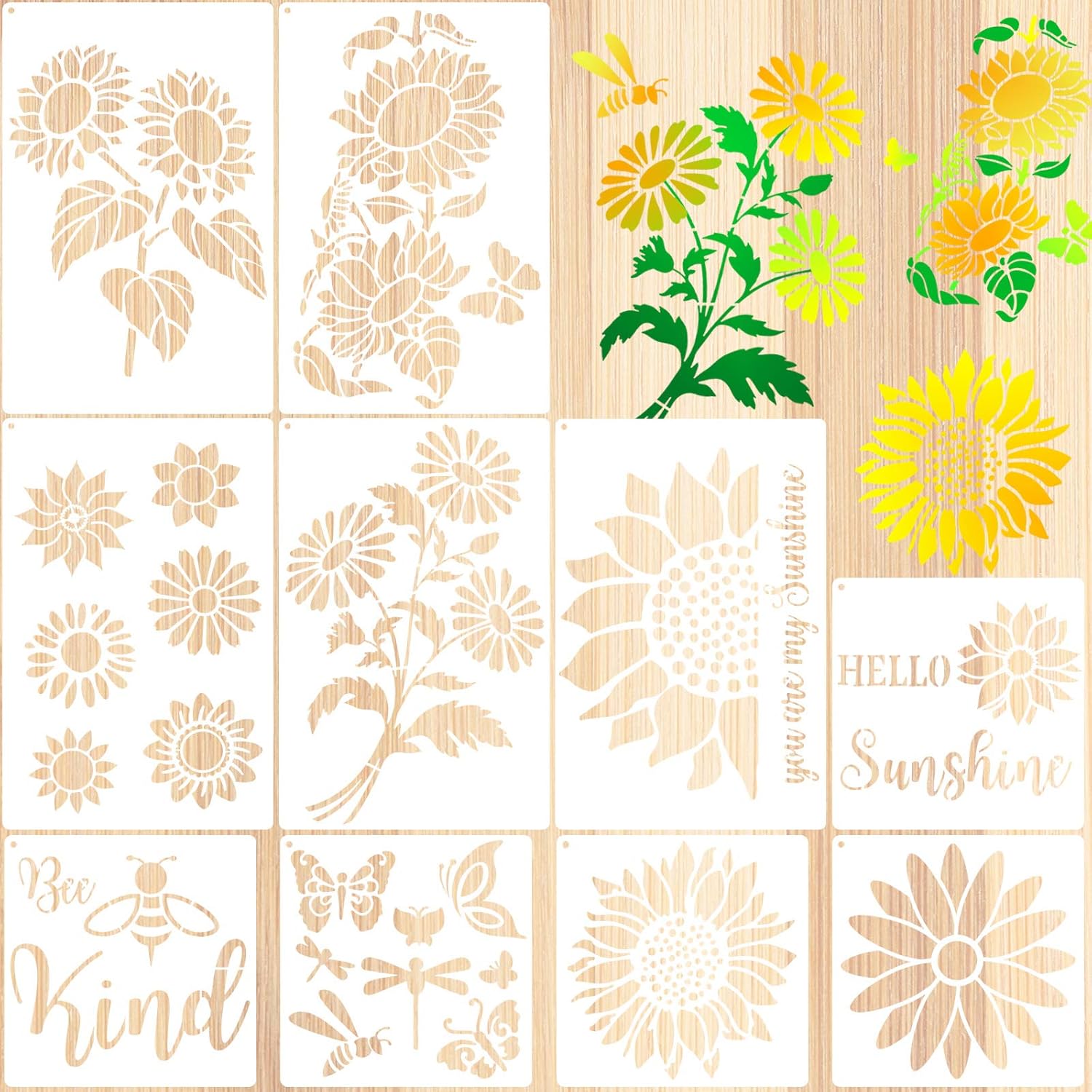 10 Pieces Sunflower Stencils Butterfly Bee Reusable Template You are My Sunshine Stencil Daisy Painting Template with Metal Open Ring for Autumn DIY Painting on Wood Wall Home Decor Supplies