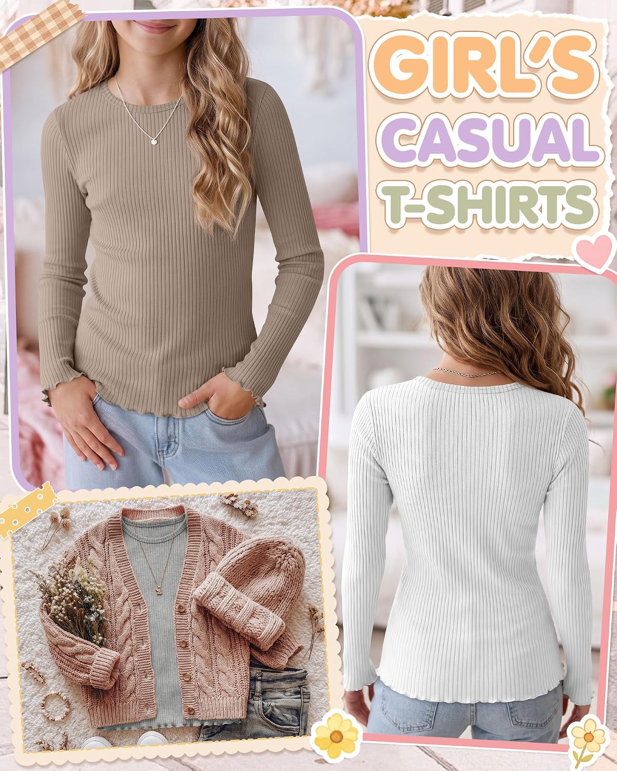 Girls Long Sleeve Shirts Cotton Ribbed