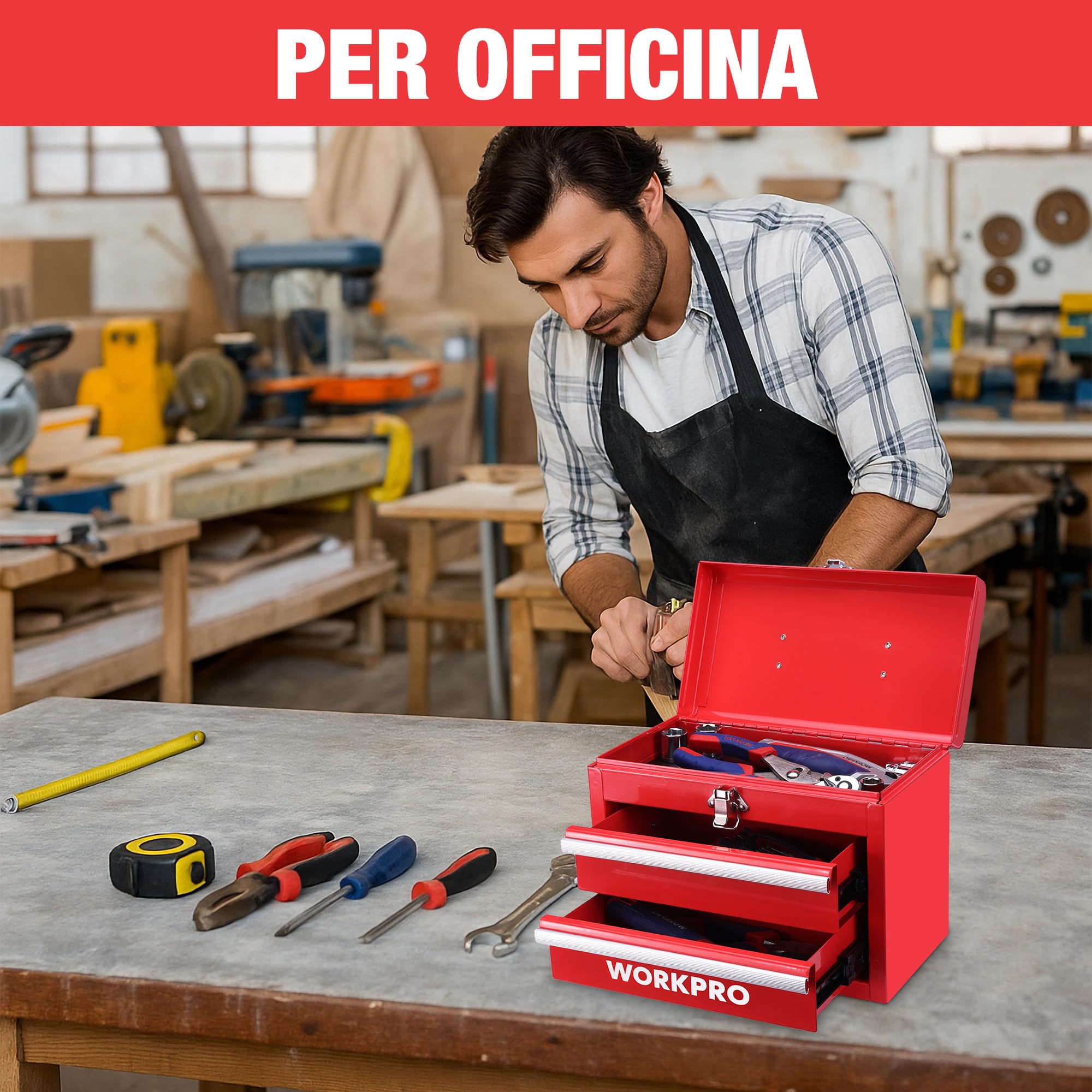 WORKPRO Cassetta Organizzatrice con Maniglia, Doppio Cassetto & | Vano Superiore, Chiusura con Latch, 27,5 × 15 × 20,8 cm, Porta Utensili per Ufficio, Officina e Spogliatoio – Rosso