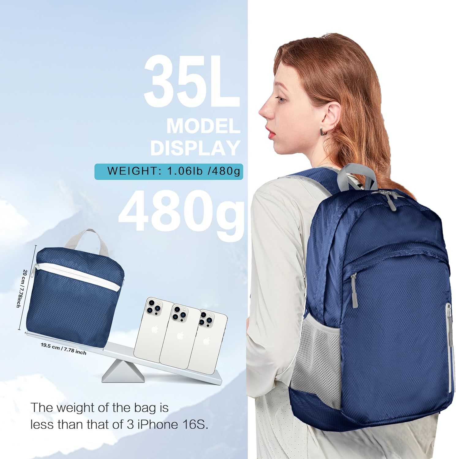 Waterproof Foldable Backpack Dry Storage Lightweight Daypack 35L Outdoor Backpack for Beach Men Women Dark Blue