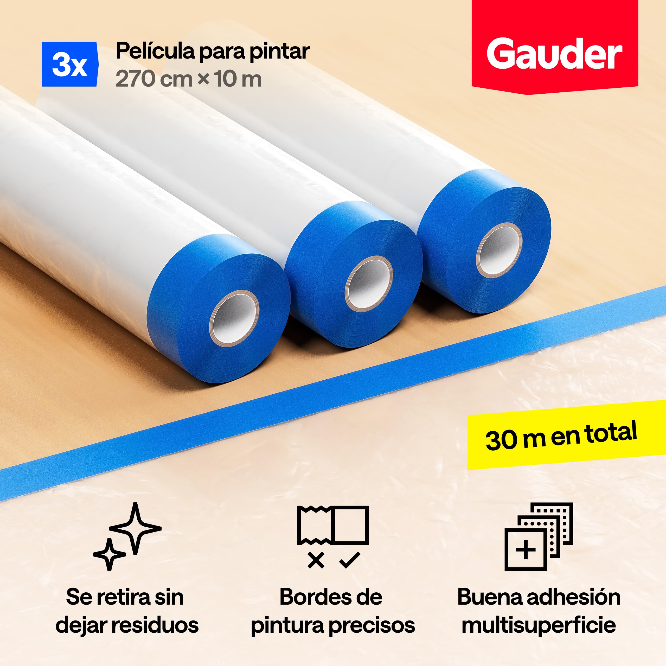 GAUDER Film protector con cinta adhesiva - 81 m² de plástico autoadhesivo - Para ventanas, puertas e interruptores (3 Rollos - 270 cm x 10 m)