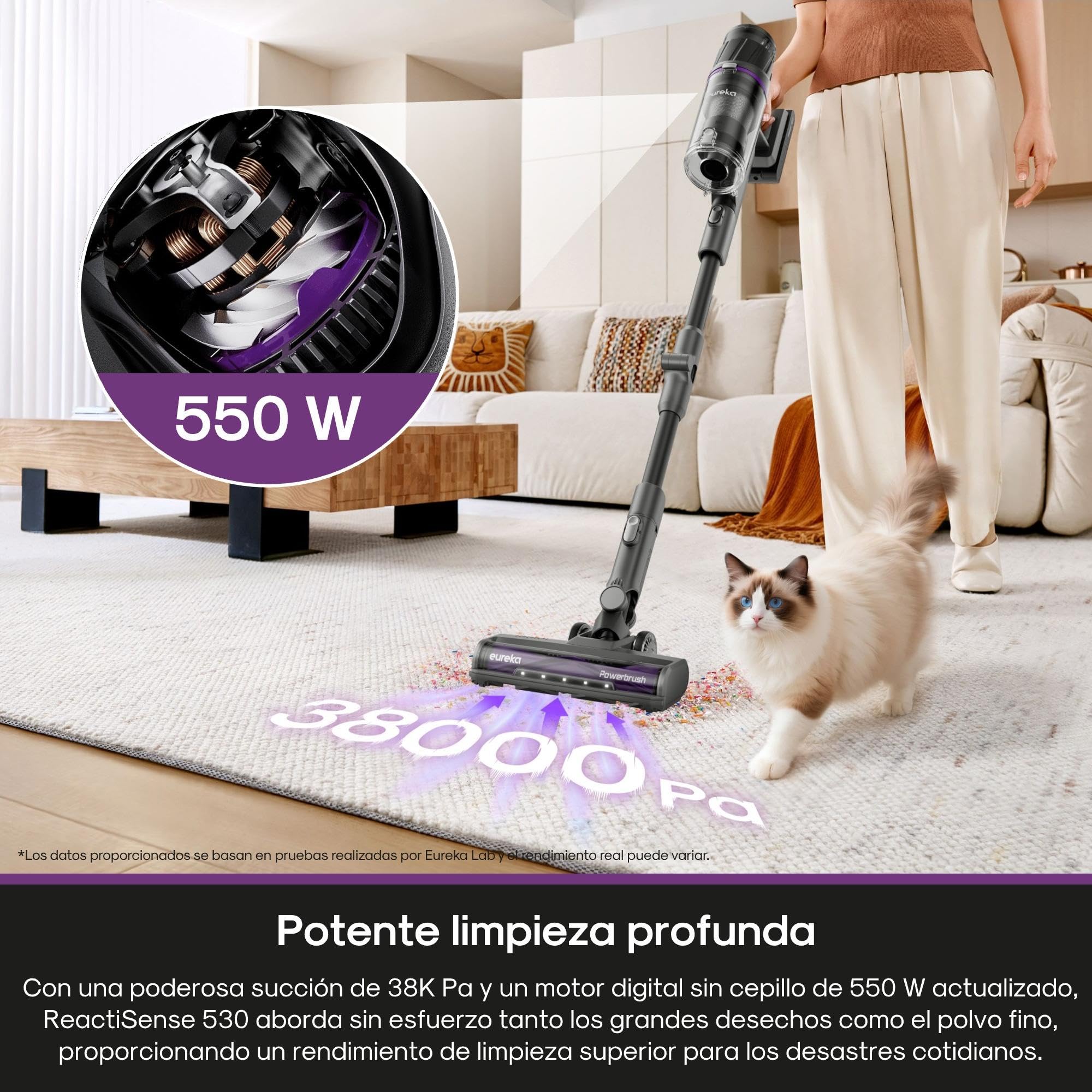 EUREKA ReactiSense 530 Escoba Aspiradora sin Cable 550W 38k Pa Aspirador Escoba Ligero con Tubo Plegable, Portatil y Versátil, 4 funciones en 1, Autonomía 60 min, Iluminación para Suelo Duro, Alfombra