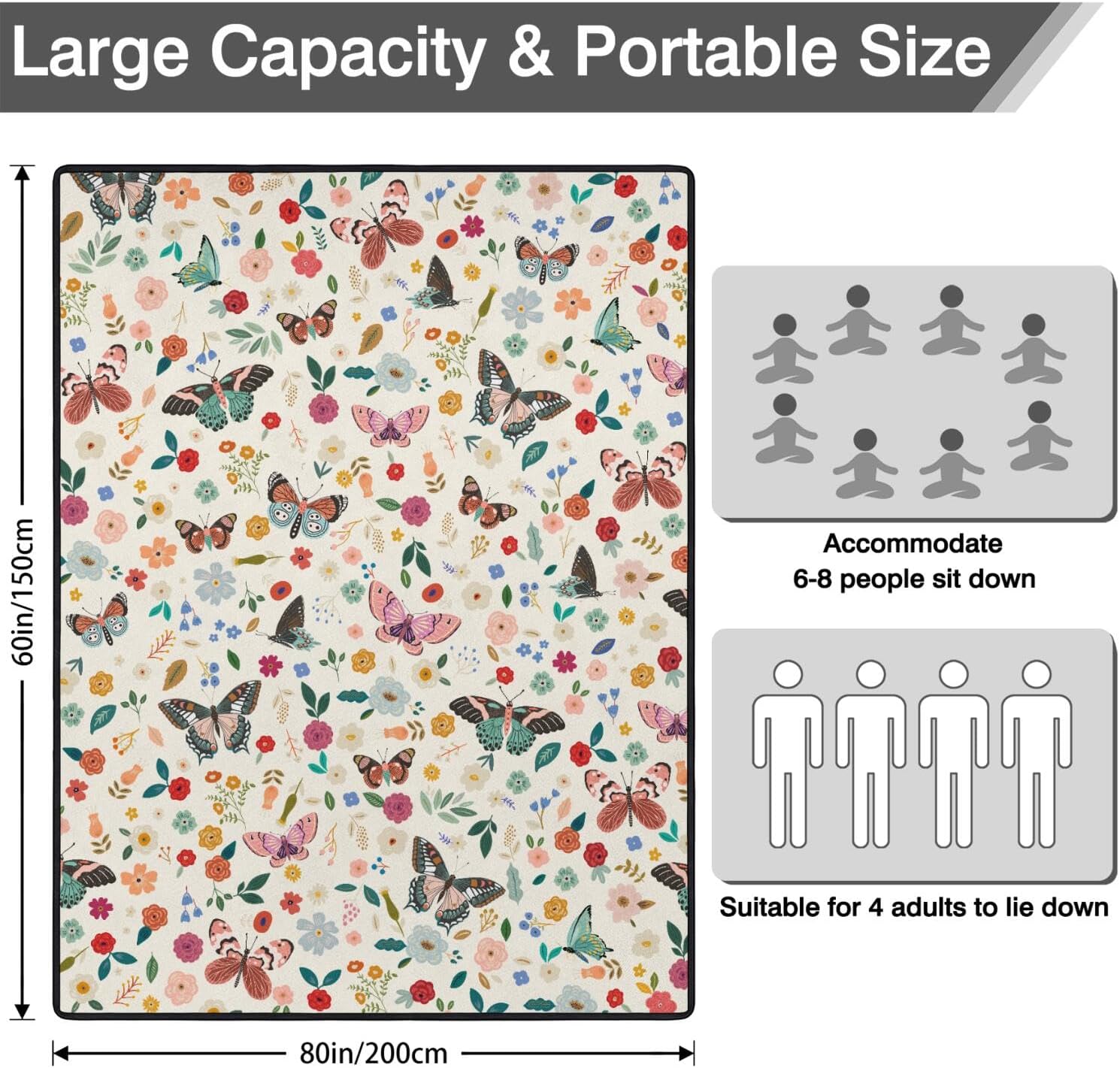 Butterfly Flower Picnic Blankets Waterproof Foldable, 60’‘x80'' Portable Outdoor Picnic Mat Water Resistant for Grass, Padded Lawn & Park Blanket for Camping, Hiking