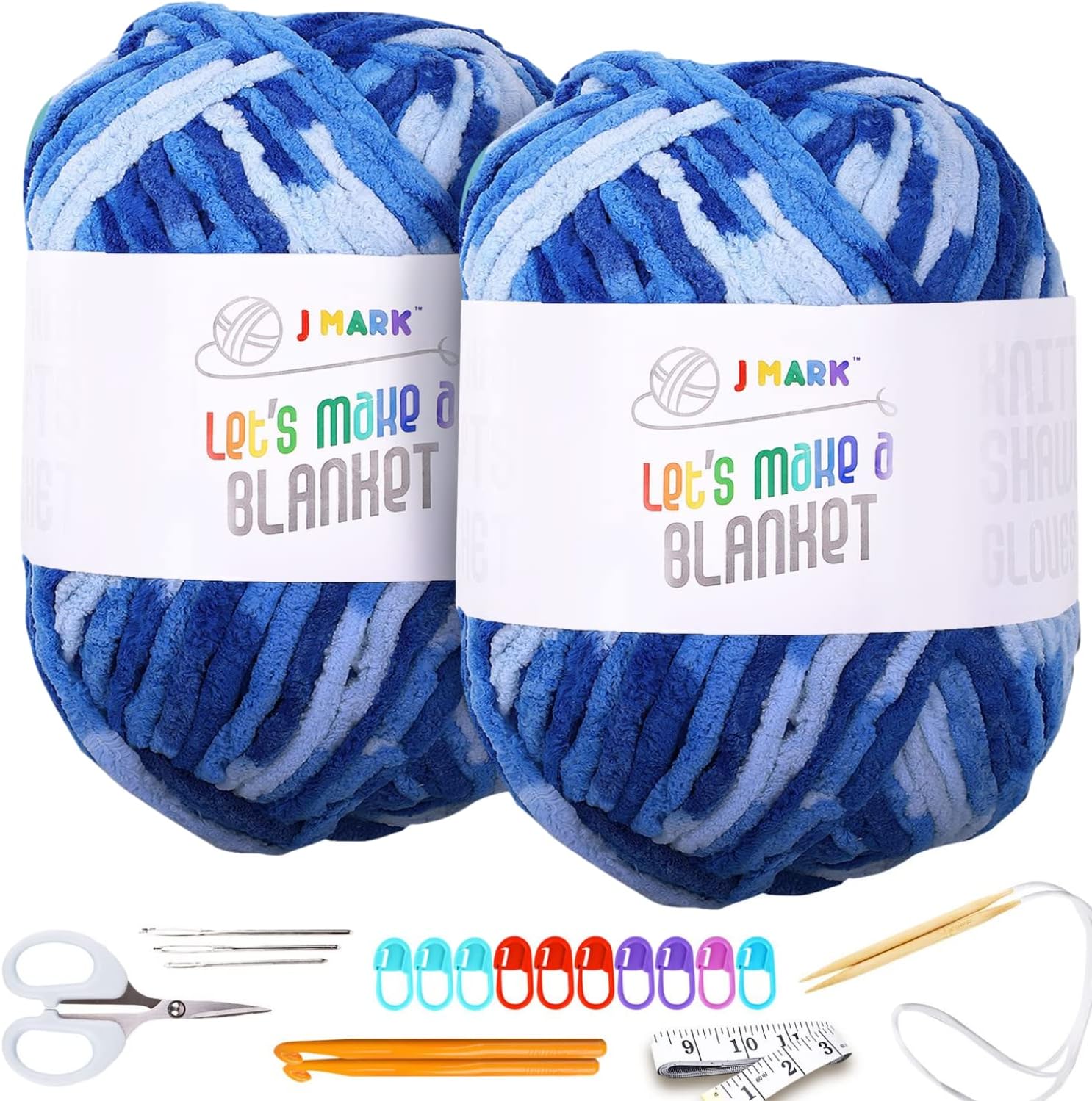 J MARK Chunky Blanket Yarn for Knitting 437 yd. 28 oz. (800 g) & Crocheting, Thick Yarn Balls, Circular Knitting Needle, Crochet Hooks, Measuring Tape, Scissors, Pins, Blunt Metal Needles, Manual