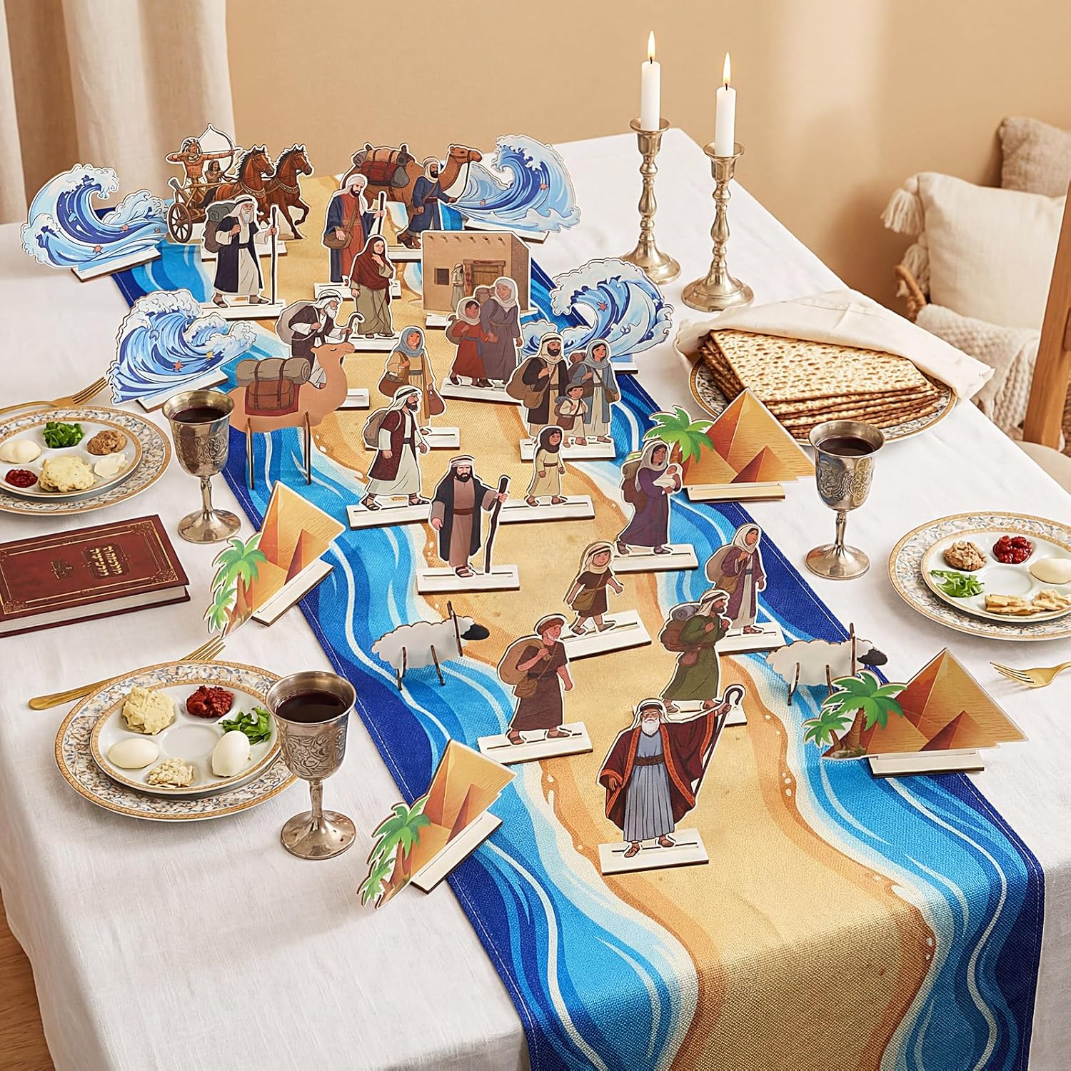 Capoda 31 Set Passover Table Centerpiece Happy Passover Table Runner and Wooden Signs with Base Decorations Wood Jewish Pesach Decor for Pesach Seder Festival Holiday Party Supplies Meal Home Decor