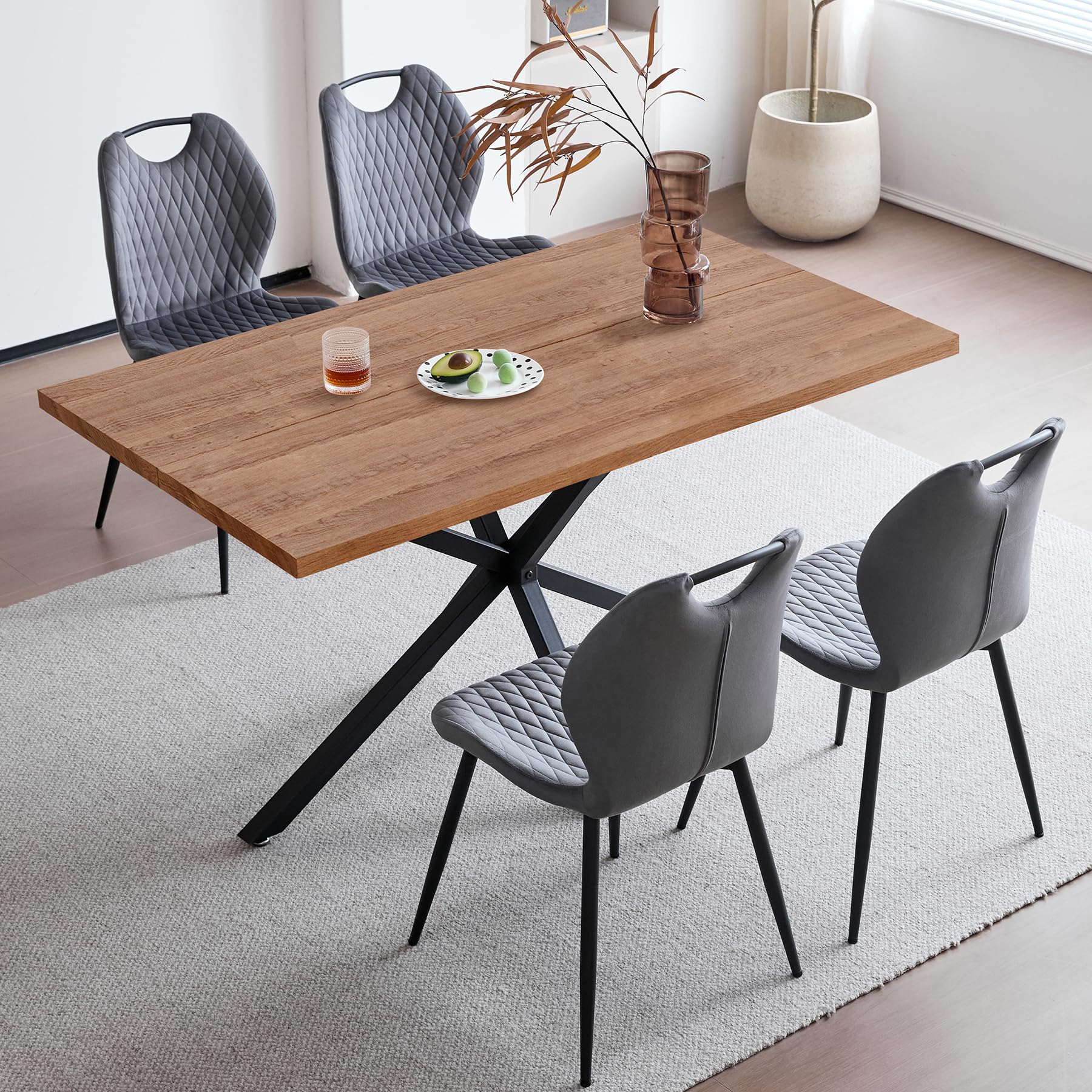 Esstisch mit 4 Stühlen Esszimmer-Set,140 * 78 * 77 cm Rechteckiger Esstisch aus Holz,4 Stühle mit hoher Rückenlehne, Schwarze Meta-Beine,Dunkelbraun Tisch+Grau Stühle