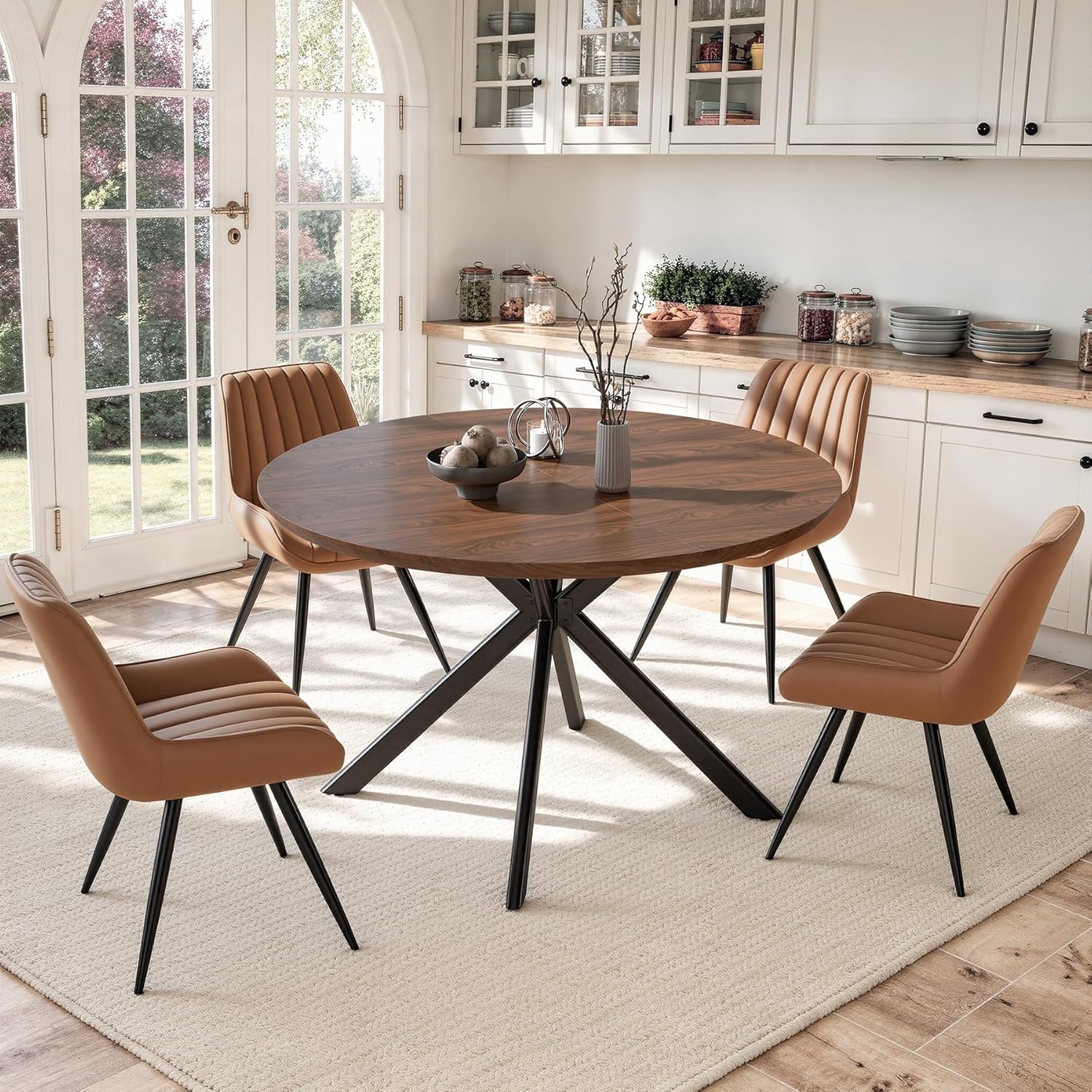 47.2" 5-Piece Round Dining Table Set for 4, Modern Wood Dining Table with 4 Upholstered Chairs, Kitchen & Dining Room Table Set with Metal Base for Apartment, Small Space, Walnut Table+4 Brown Chairs