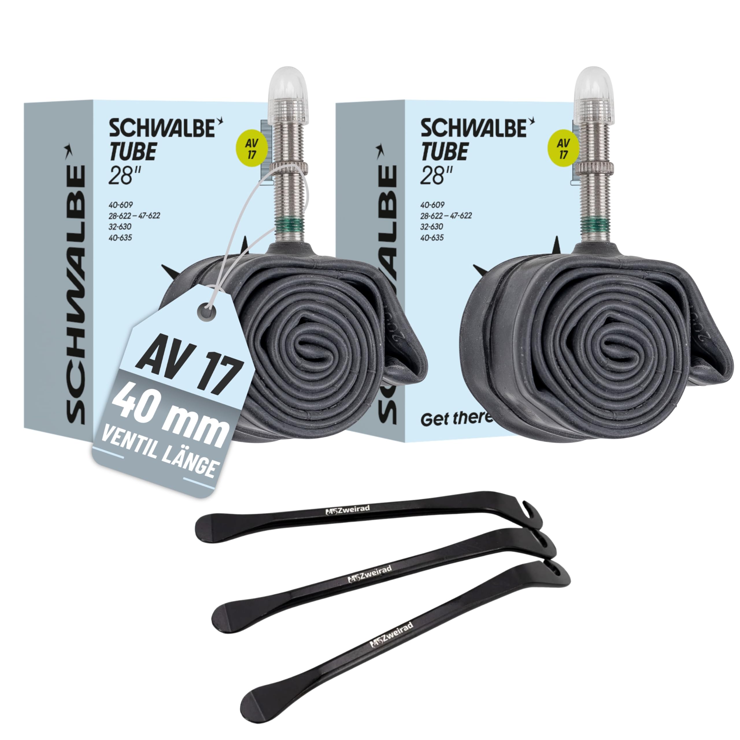2er Set Schwalbe Fahrrad Schlauch AV17 40mm 28 Zoll (28/47-622/635) inklusive 3 MSZweirad Reifenheber