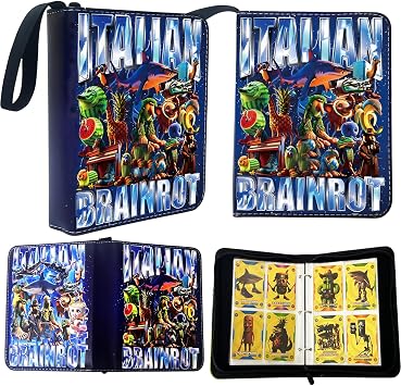 Italian Brainrot Trading Card Binder 4 Pocket 400 Pockets Zipper Card Binder Album for Brainrot Cards, Waterproof Card Storage Holder with Removable Sleeves 1-Blue