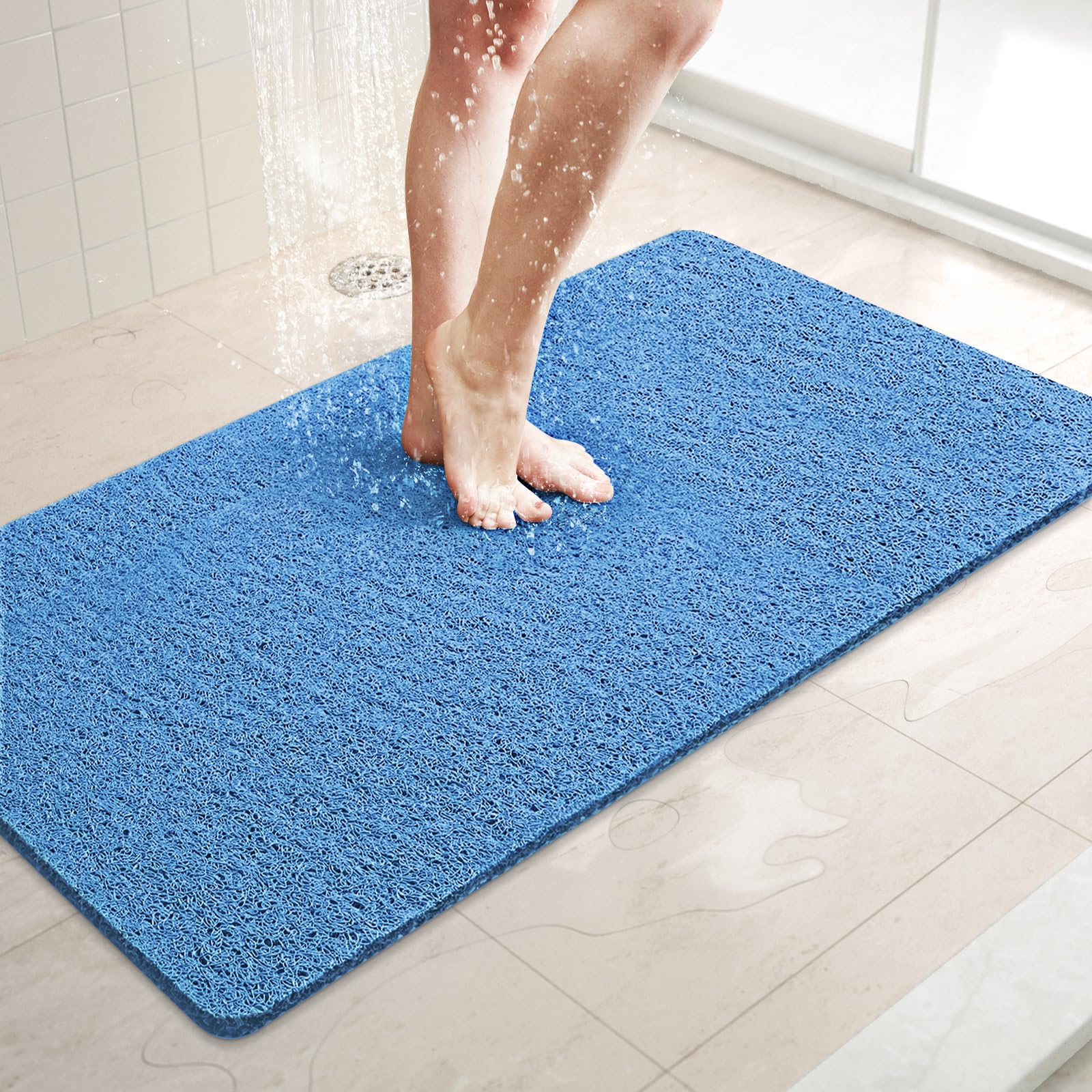 LuxStep Shower Mat Bathtub Mat,32x16 inch, Non-Slip Bath Mat with Drain, Quick Drying PVC Loofah Bathmat for Tub,Shower,Bathroom,Lake Blue