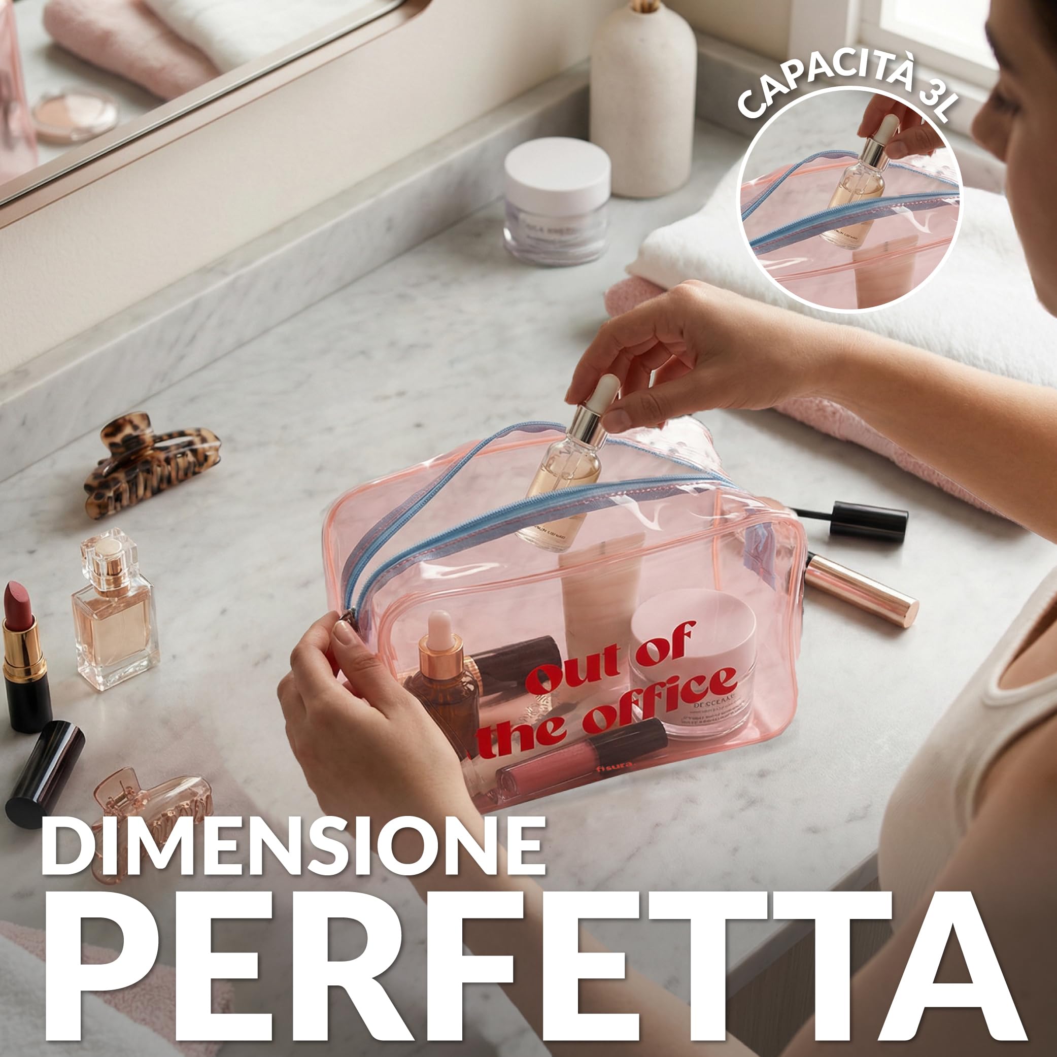Fisura – Beauty case trasparente "out of the Office" rosa. Beauty case da viaggio grande da 3 litri per vacanze o vacanze. Beauty case da spiaggia trasparente.