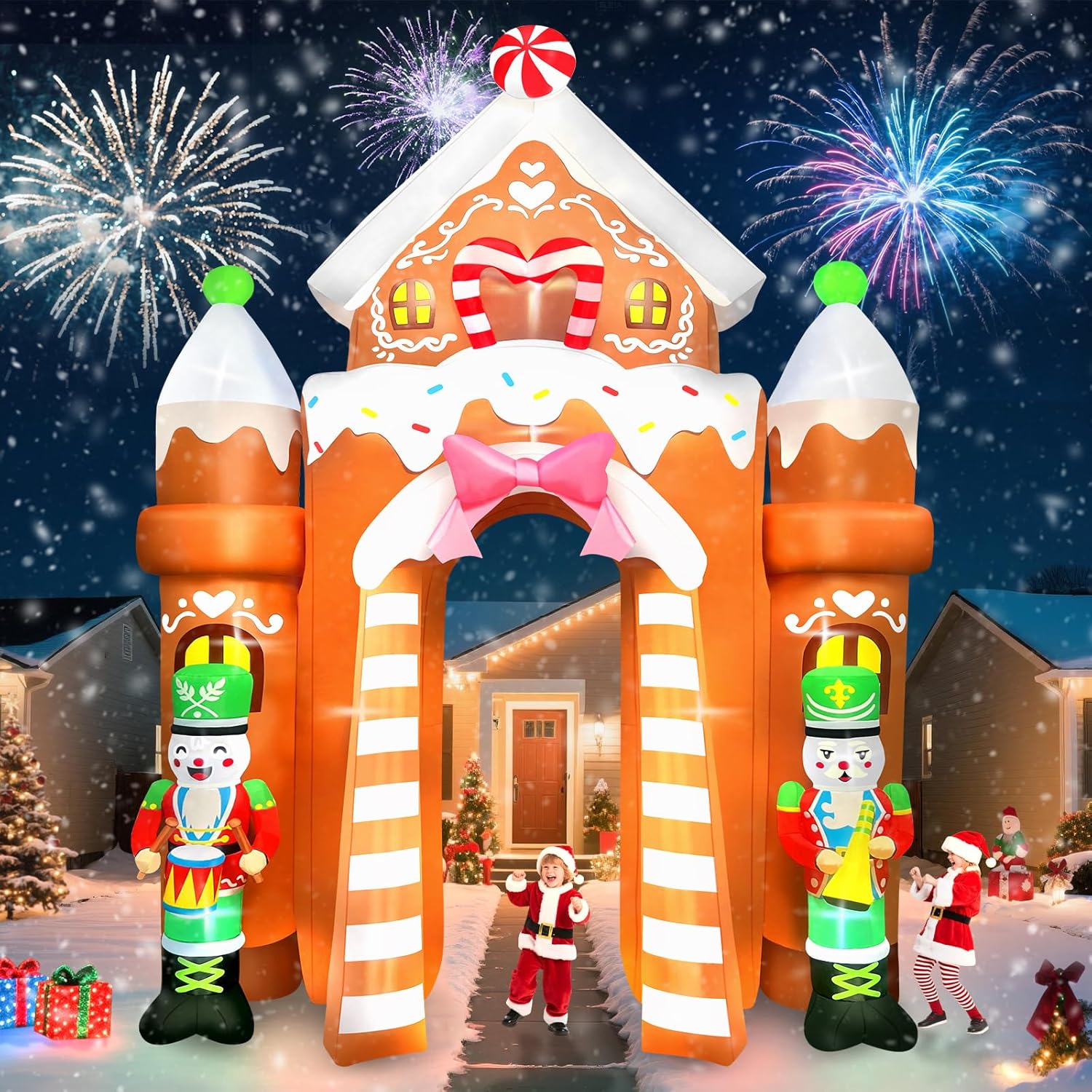 Kalolary 12FT Christmas Inflatable Archway Outdoor Decorations, Xmas Gingerbread Nutcracker Soldiers Arch Inflatable Blow Up Yard Decorations with Build-in Lights for Christmas Party Garden Lawn Decor
