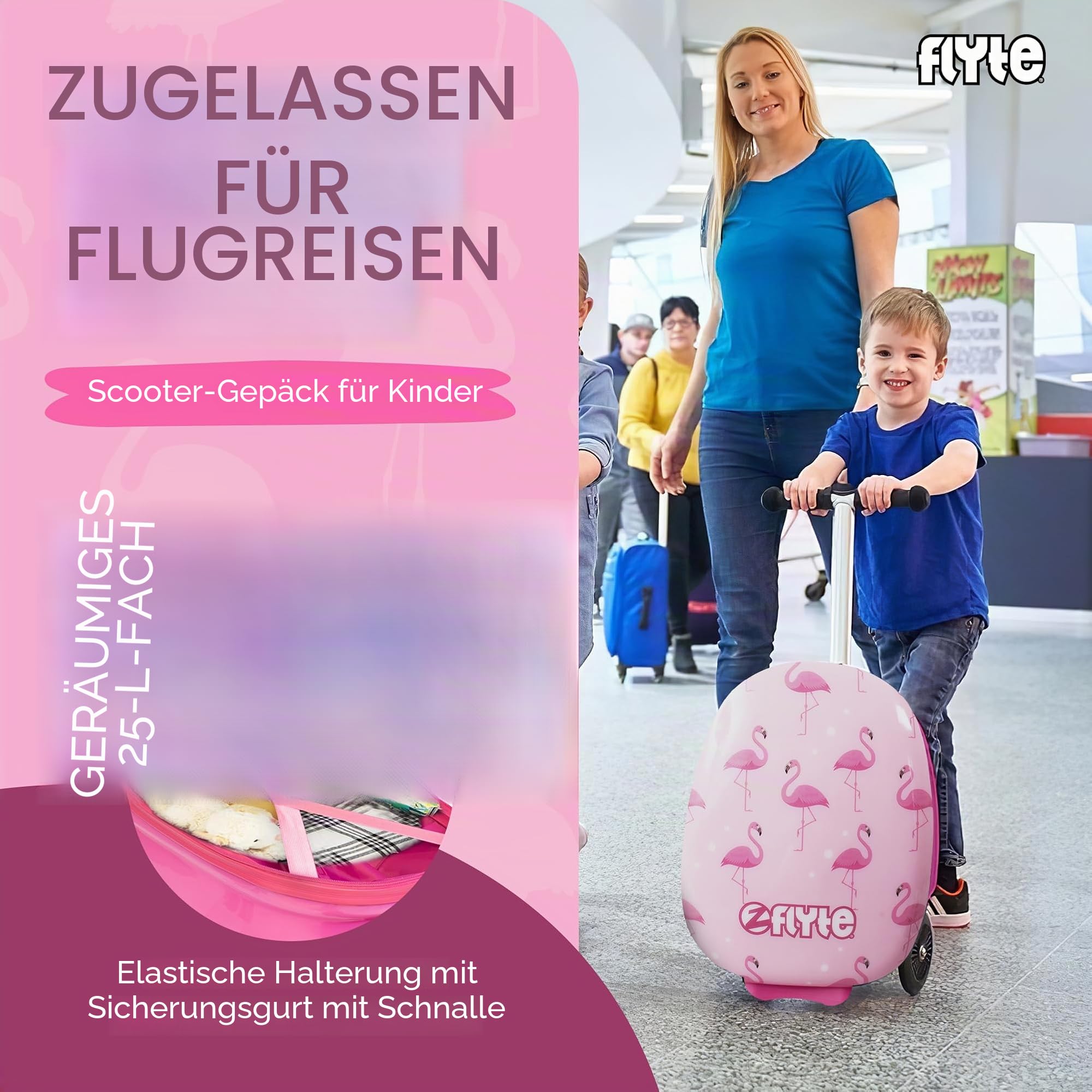 Flyte Scooter Koffer - 2-in-1, 45 cm Reisekoffer Kinder, 25 Liter Fassungsvermögen Kinderkoffer Handgepäck, Reisetasche Kinder mit Rollen, Hartschalenkoffer Kinderreisetasche