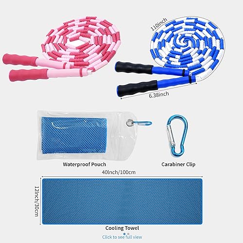 Miniatura 3 de CUTPLAN 2 Kids Jump Ropes & 2 Cooling Towels Set (35"x12") - Adjustable Tangles-Free Segmented Beaded Ropes for Kids 4-12, Ideal for Yoga, Running,