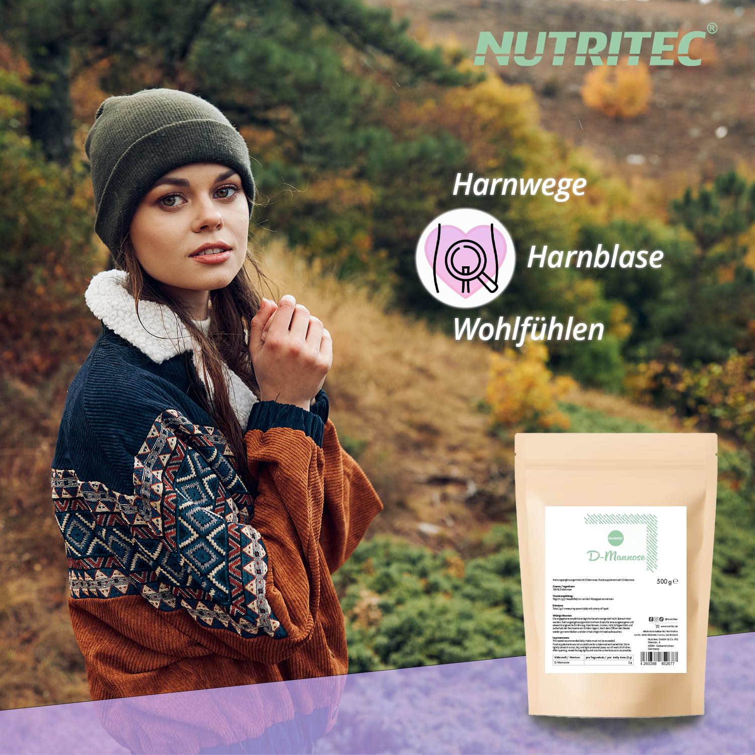 Polvo puro de D-manosa 500 g con cuchara medidora – 250 días de existencia – sin aditivos, calidad alemana, alta dosis, bien soluble, vegano, sin ingeniería genética | Nutritec
