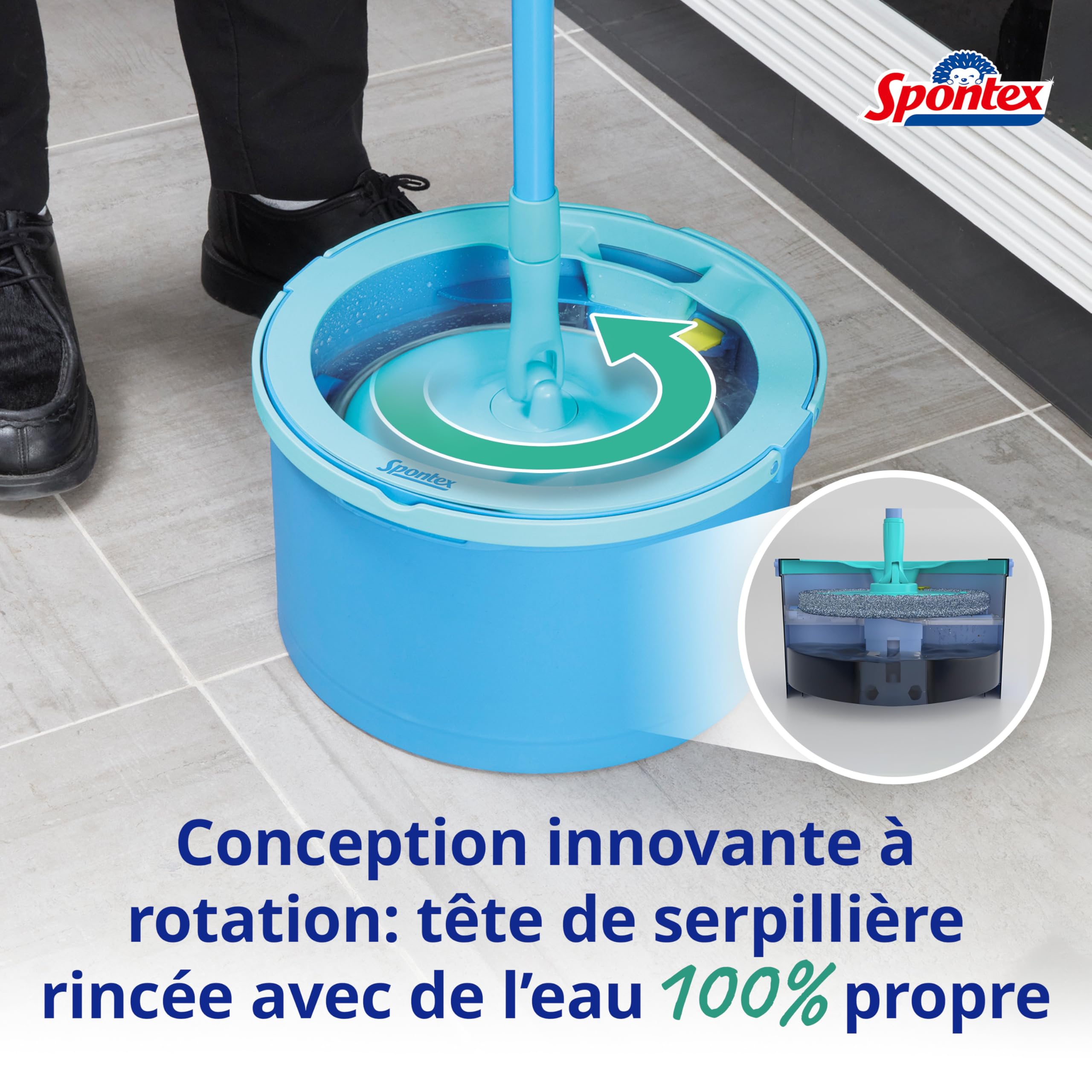 Spontex Aqua Revolution X'tra Kit Balai Serpillère et Seau | Sépare Eau Propre et Eau Sale, Frange en Microfibre | 3 l, 2 Recharges