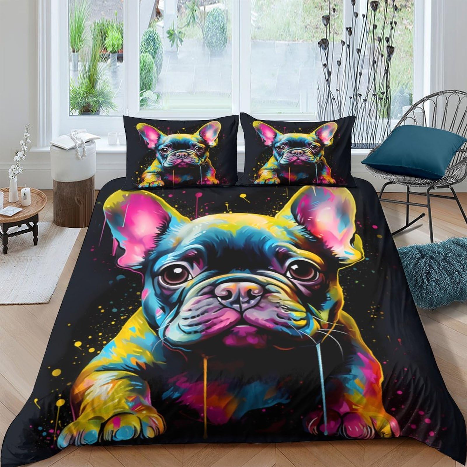 GPLZQXKJNH 3D Printed Colorful Bulldog Duvet Cover Microfiber Soft Breathable Graffiti Dog Bedding Set with 2 Pillowcases for Bedroom Decor Single（135x200cm）