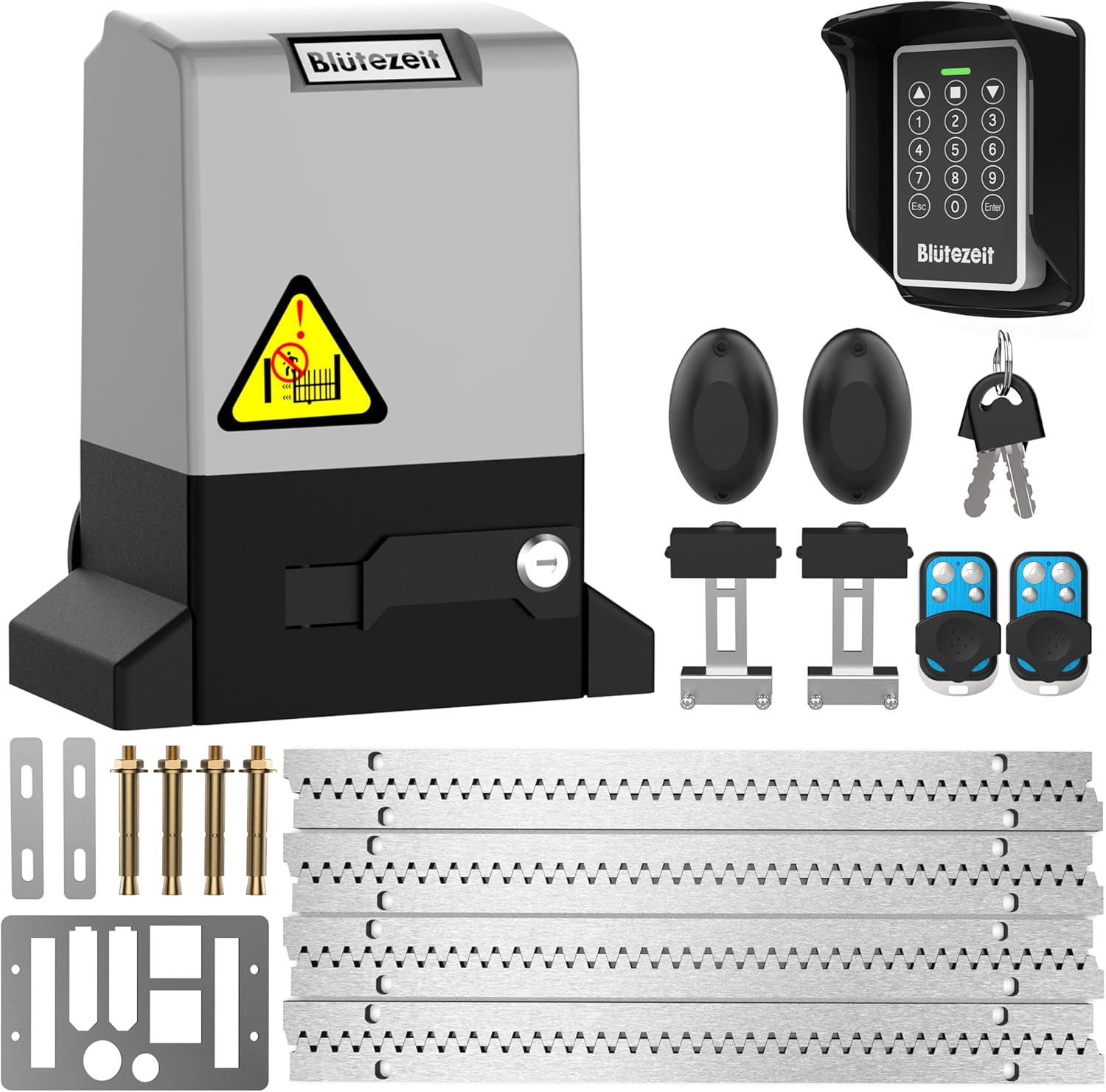Blütezeit 1800lb Sliding Gate Opener with Wireless Keypad – 370W Automatic Rack-Drive Gate Motor 1/2HP Incl. 13.12ft Steel Racks, IR Safety Sensor for Electric Driveway Gates up to 40ft