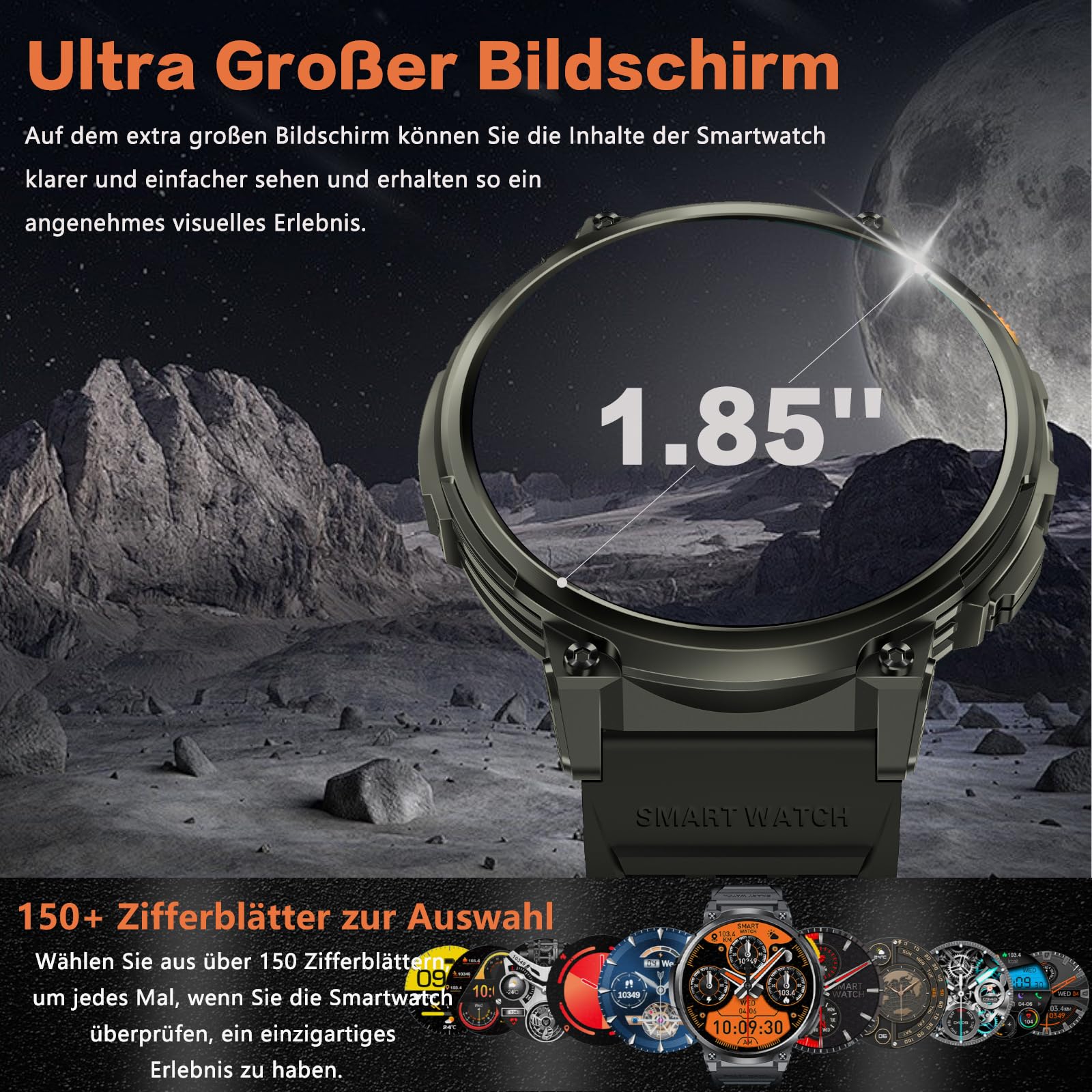 Smartwatch Militare Uomo, Chiamata Bluetooth, 1,85 Pollici HD Rugged Silicone Nero Smart watch Impermeabile, Durata 40 Giorni, 120+ Modalità Sportiva, 24H Monitoraggio Cardiofrequenzimetro/SpO2/Sonno