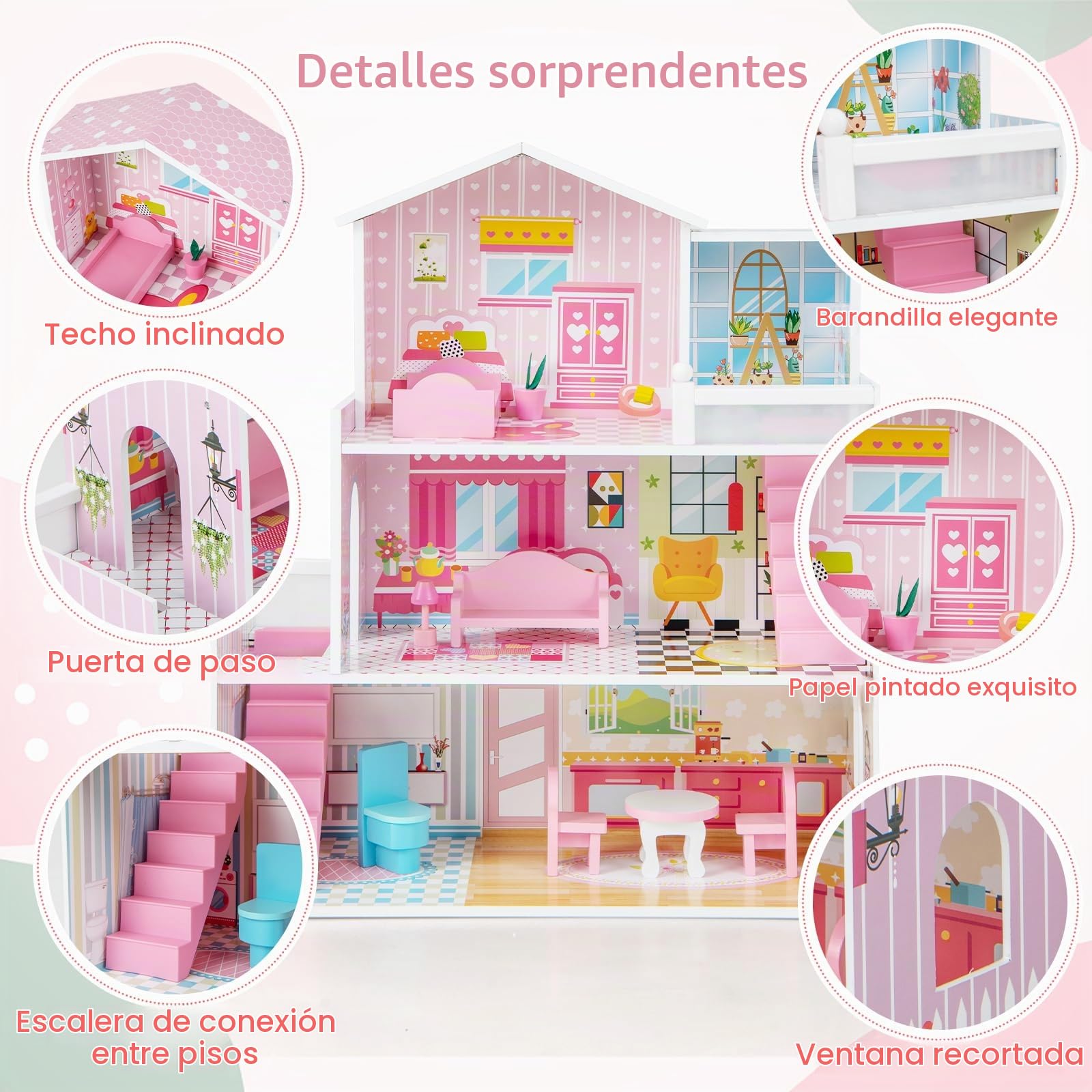 HOMASIS Casa de muñecas de 3 estantes, Casa de muñecas de Madera con 5 Habitaciones y 10 Muebles, Villa de los sueños, Juegos para niñas y niños a Partir de 3 años, 60 x 25 x 70 cm, Rosa