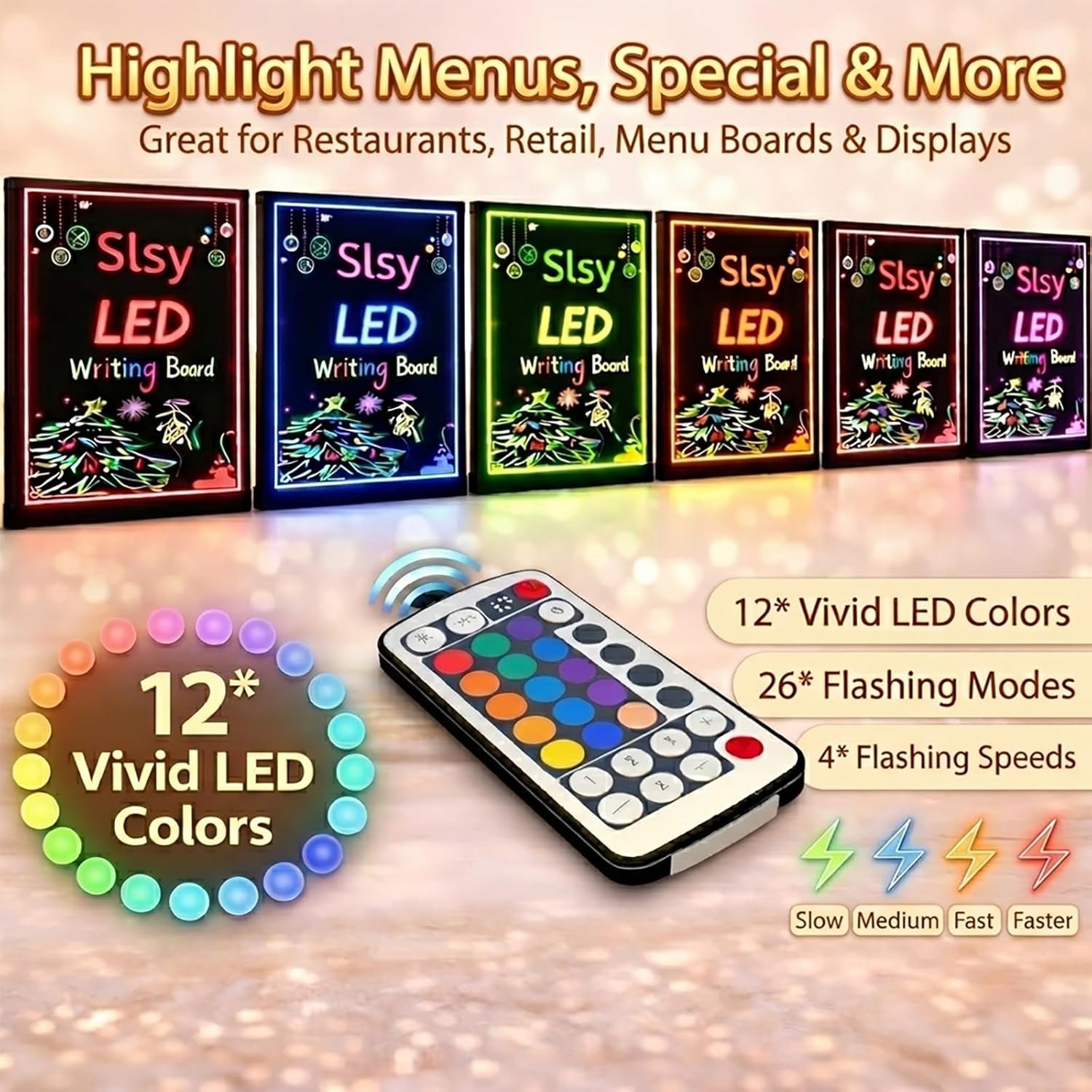 Slsy LED Writing Board 28"x20", Light Up Message Board Illuminated Neon Sign with 12 LED Colors, 26 Flashing Modes, 8 Fluorescent Markers, Erasable Sign for Restaurants Bars Cafes Weddings Classrooms