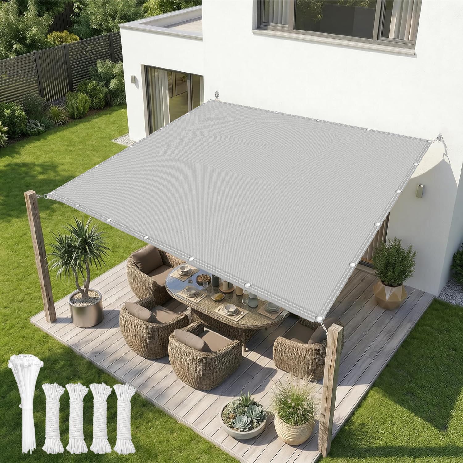 Sun Shade Sail 3x3m Sunscreen Awning with Rope 95% UV Block Waterproof Sun Shading Rectangle Canopy for Backyards, Patios, Gardens, Outdoor Activities and Facility,Light Gray