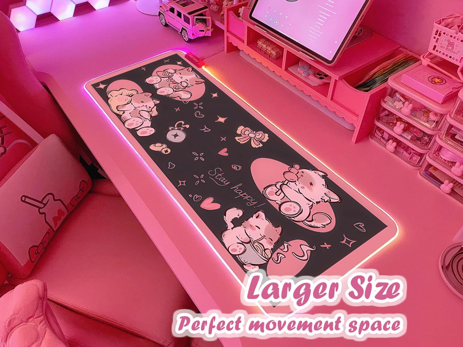 JMIYAV Pink RGB Gaming Mouse Pad 31.5x12 Inch PC XL Large Extended Glowing Led Light Up Desk Pad Non-Slip Rubber Base Computer Cute Mousepad Mat Desk Accessories Gaming Setup 2-7-1030-2