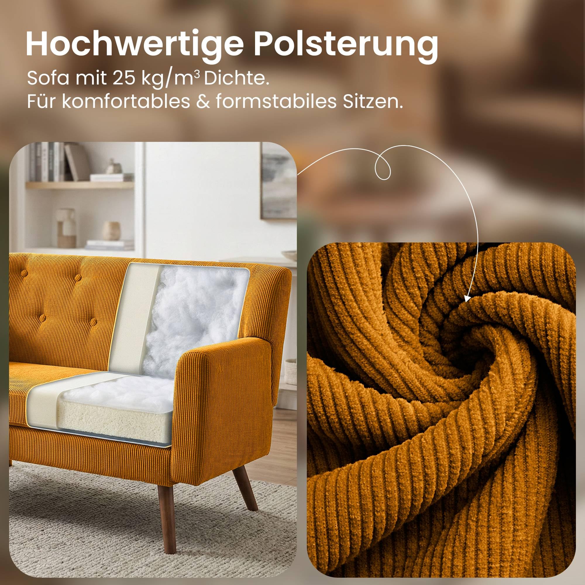 CLP Sofa 2-Sitzer mit Cordbezug Kioni, Couch bequem für Wohnzimmer, komfortabel gepolstert, bis 240 kg belastbar, Beine aus Kautschukholz, Farbe:orange