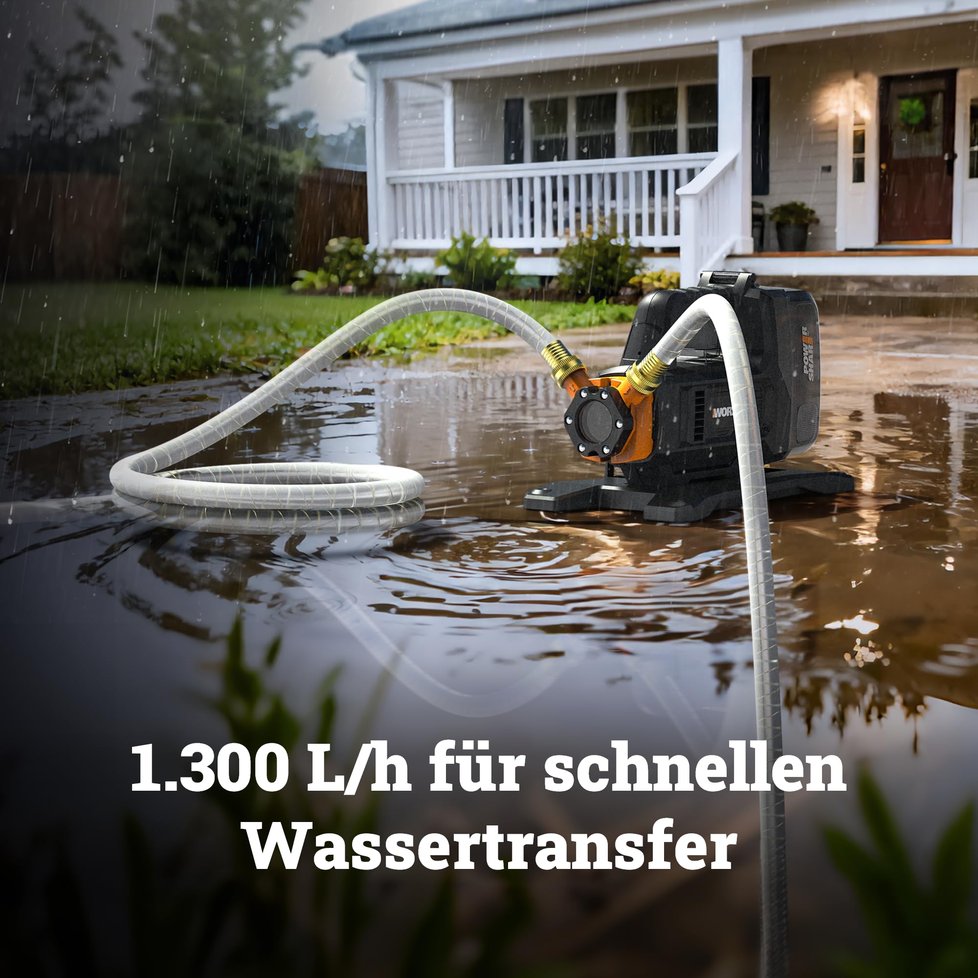 WORX WG830E, Akku-Transferpumpe 20V, inkl. Akku & Ladegerät, PowerShare | Wasserpumpe mit 1300 L/h Förderleistung und 10 m Förderhöhe
