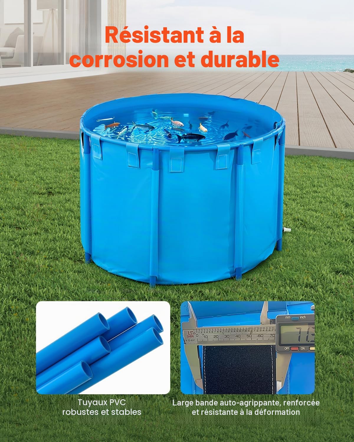 VEVOR Bassin à Poissons Hors Sol, Capacité 1700 L, Étang à Poissons en Toile PVC, avec Cadre Stable en Plastique et Vanne de Vidange, pour Aquaculture, Élevage de Poissons Rouges, Carpes, Koïs, Bleu