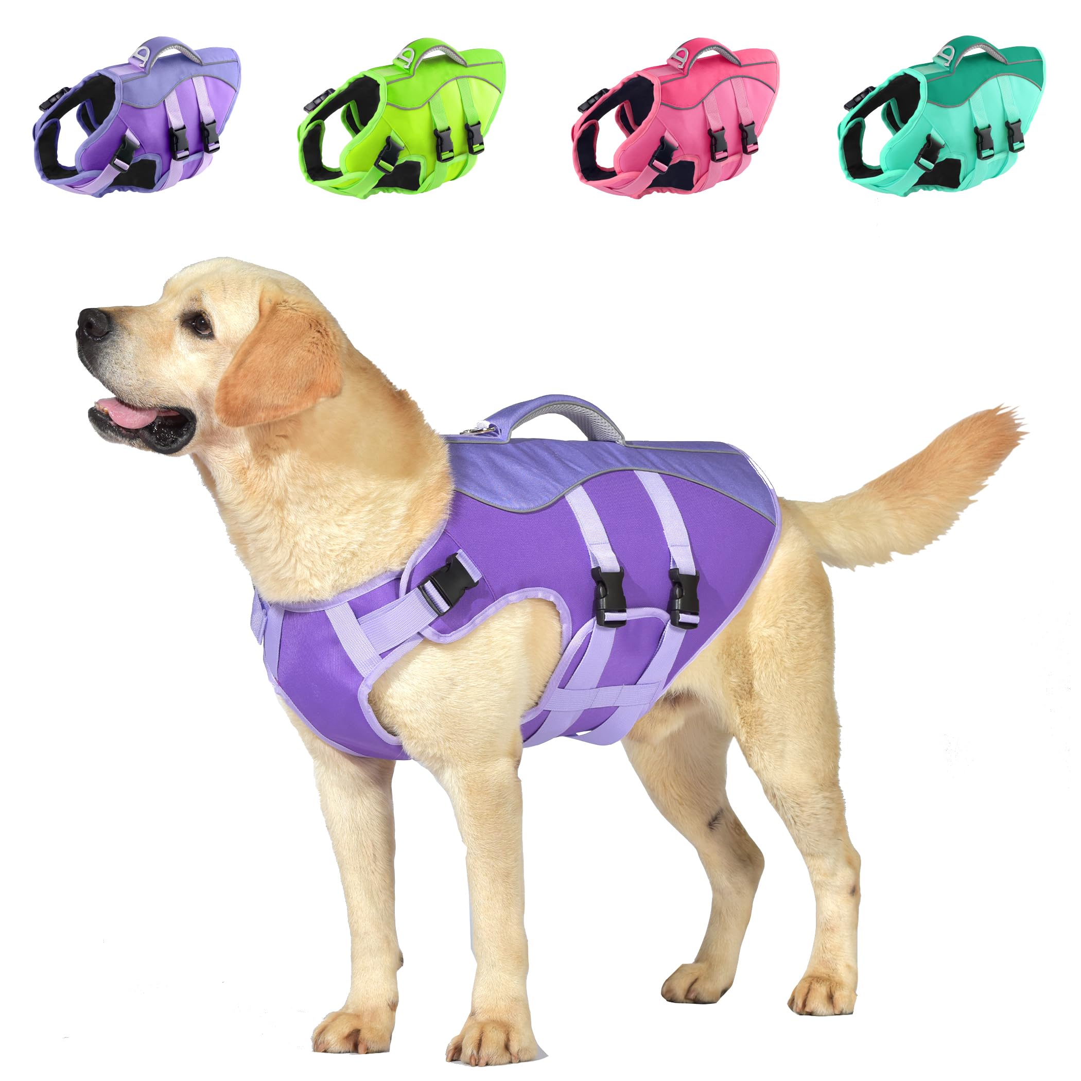 Dog Life Jacket, Reflective Dog Harness Life Vest with Rescue Handle for Swimming Boating, Adjustable High Buoyancy Flotation Swim Vest for Small Meium Large Dogs - Purple, L