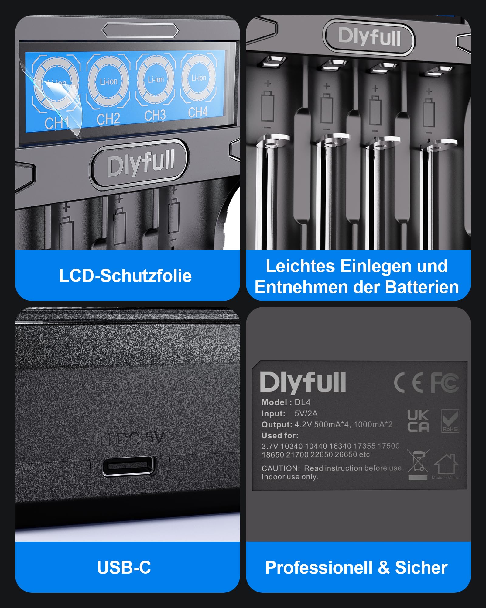 Dlyfull 18650 Ladegerät, Universal Akku Ladegerät LCD-Display für 3,7V Li-Ion Akku 18650 21700 18700 26650 22650 20700 16340(RCR123) 14500 Tragbares USB-C Batterieladegerät, 4 Fach
