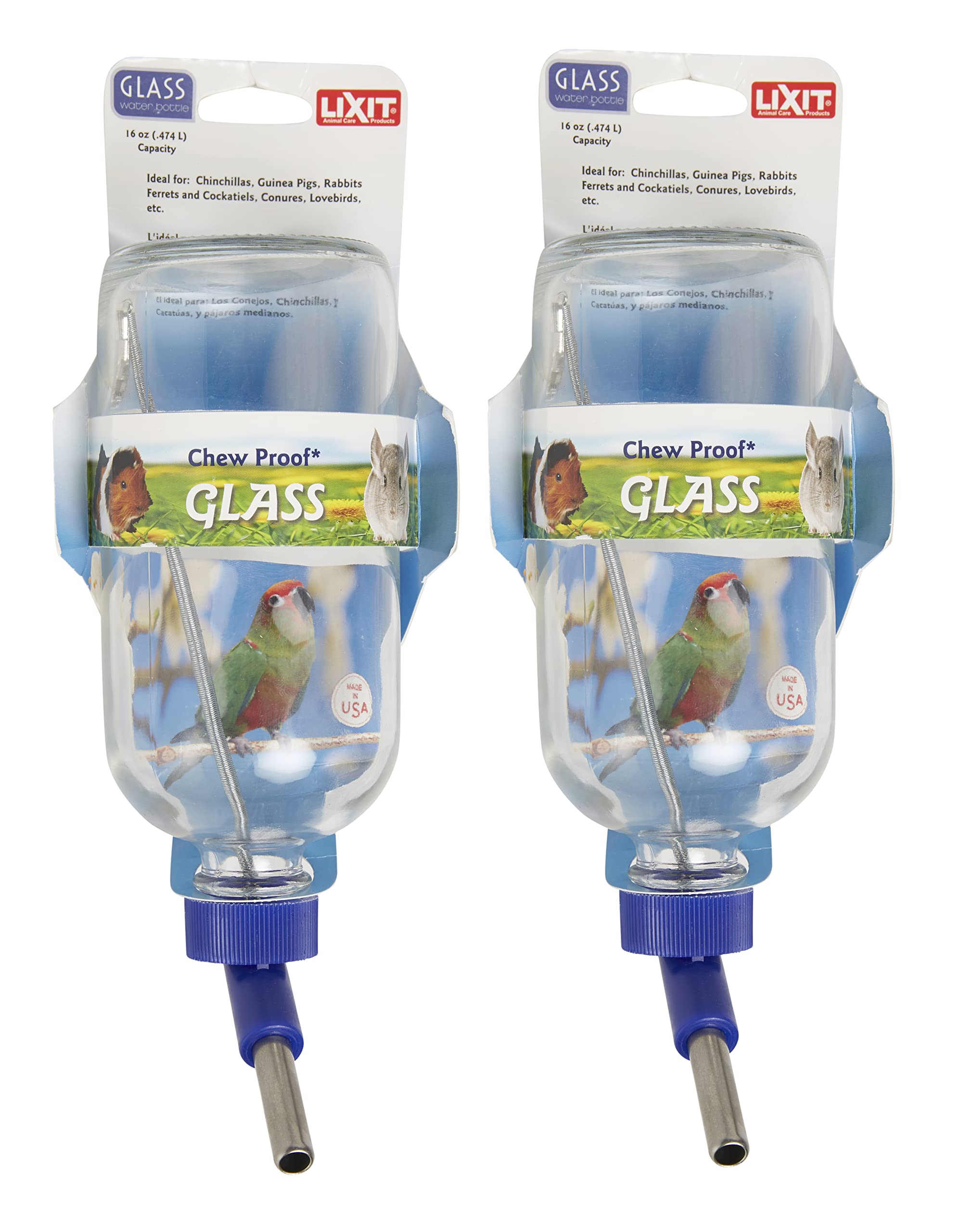 Lixit Glass Water Bottles for Rabbits, Ferrets, Small Birds, Guinea Pigs, Rats, Hamsters and Other Pets (16oz Pack of 2)