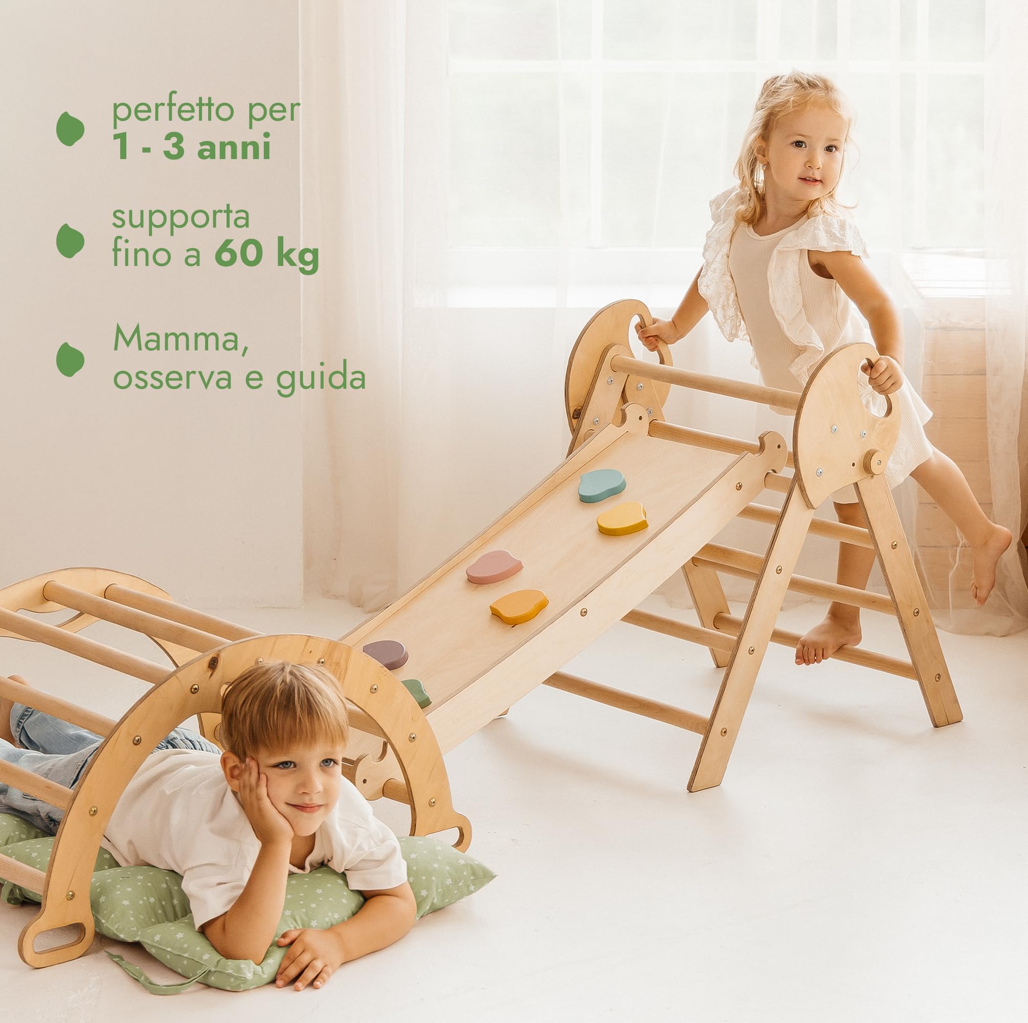 Goodevas Montessori 5 in 1 - Set da Arrampicata in Legno per Interni, con Cuscino Verde e Scivolo per Bambini, Parco Giochi da 1 a 3 Anni, Beige