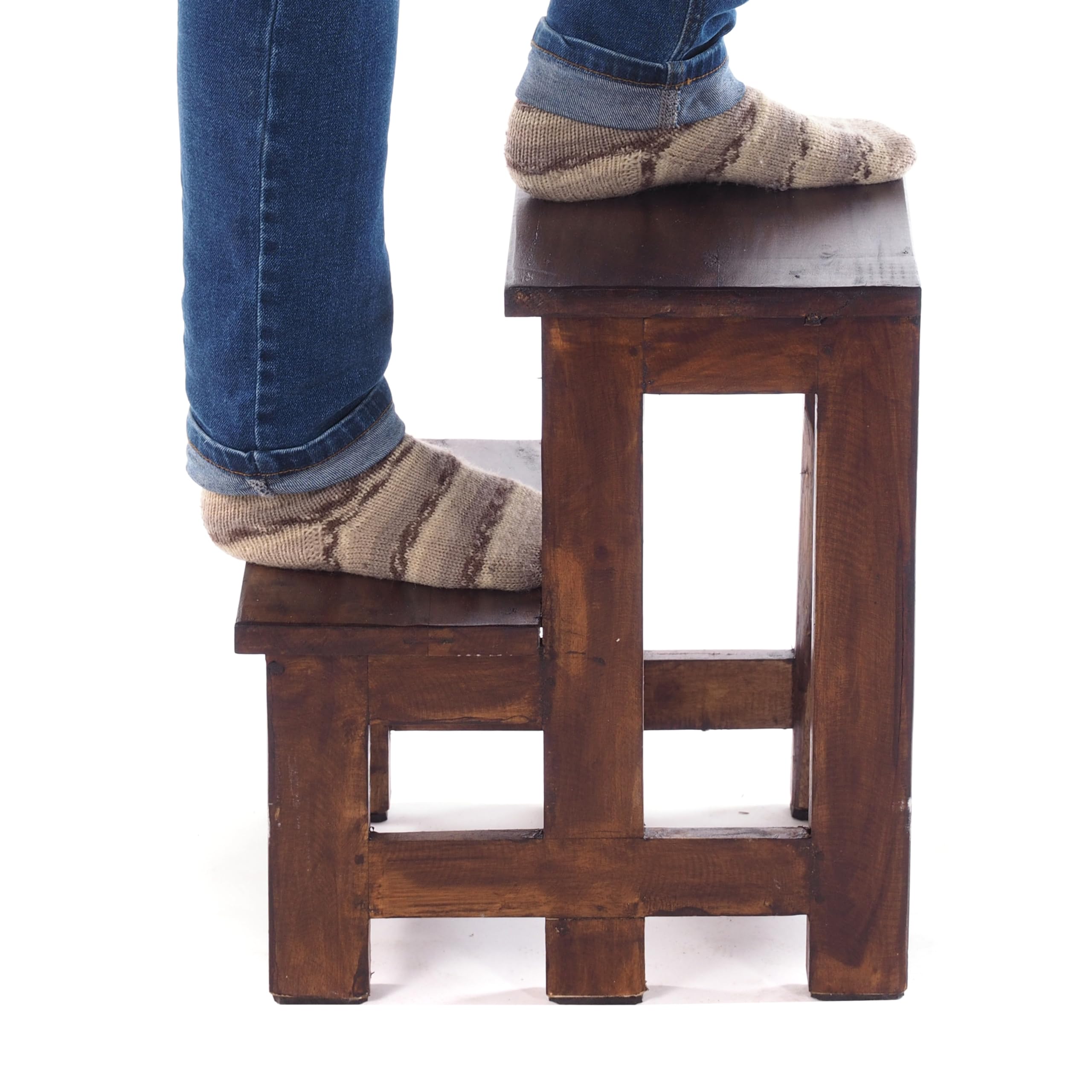 Scaletta A Pedale In Legno Riciclato - 46x37x37 Cm - Design Vintage Con 2 Livelli - Foto 9