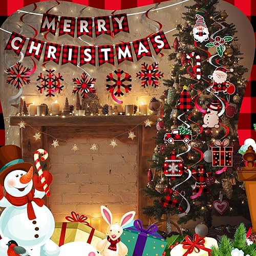 Miniatura 5 de Epakh 34 piezas de remolinos colgantes de Navidad, espirales colgantes de Navidad, remolinos de búfalo a cuadros, pancarta de Navidad para colgar en